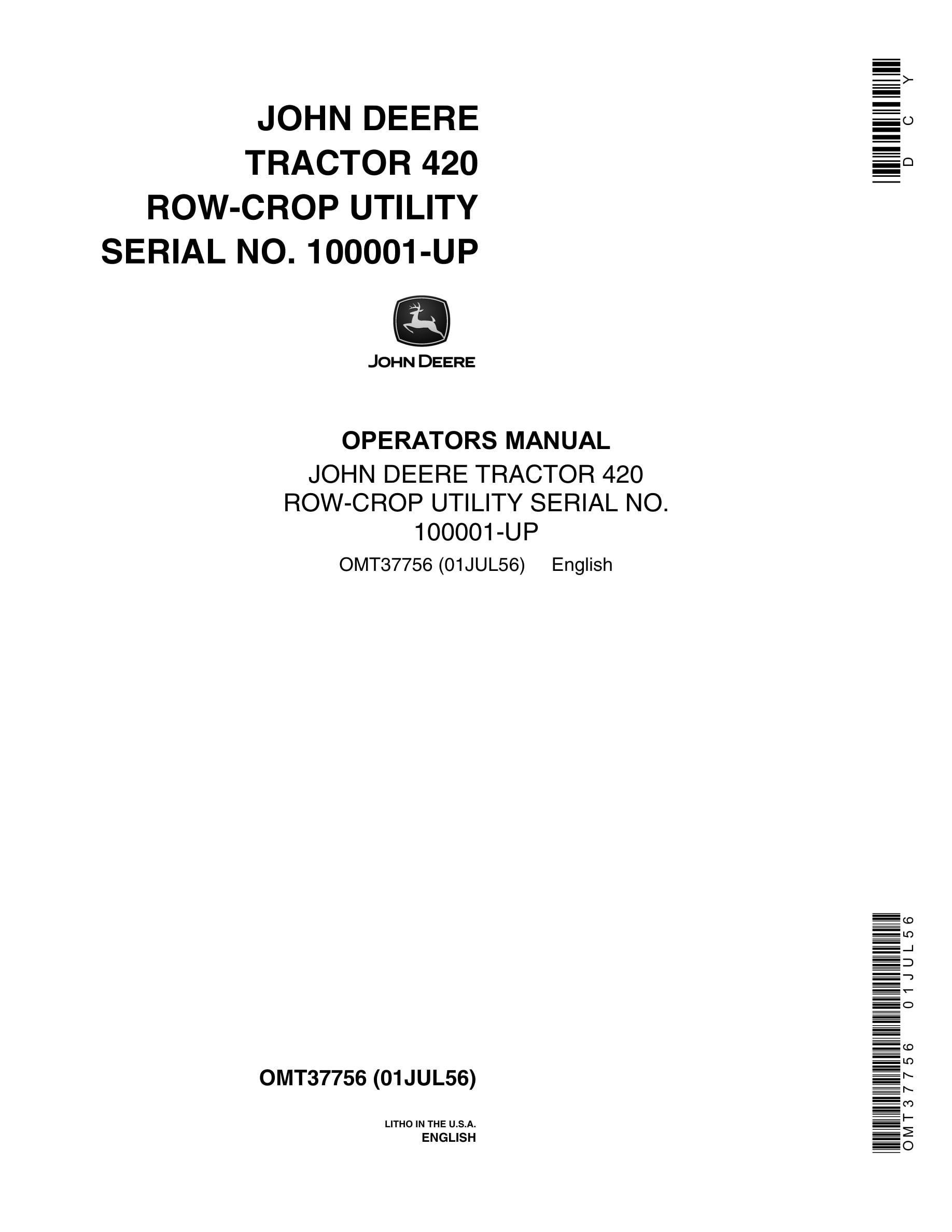 John Deere Row-crop Utility 420 Tractor Operator Manual OMT3775-1
