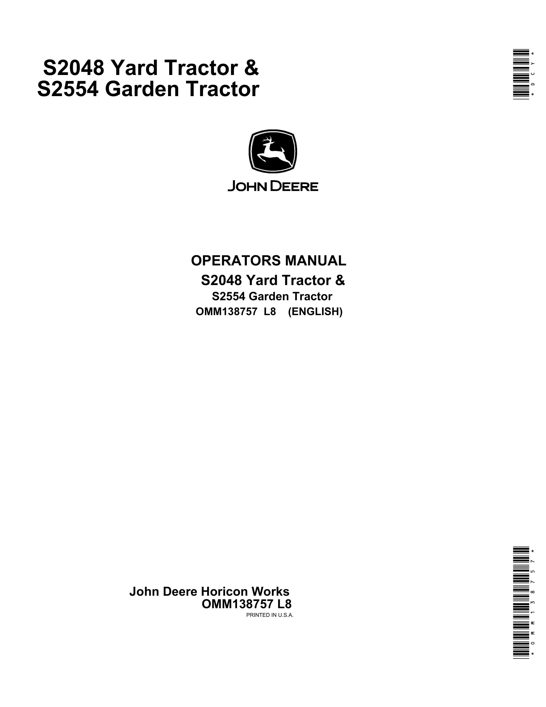 John Deere S2048 S2554 Tractor Operator Manual OMM138757-1