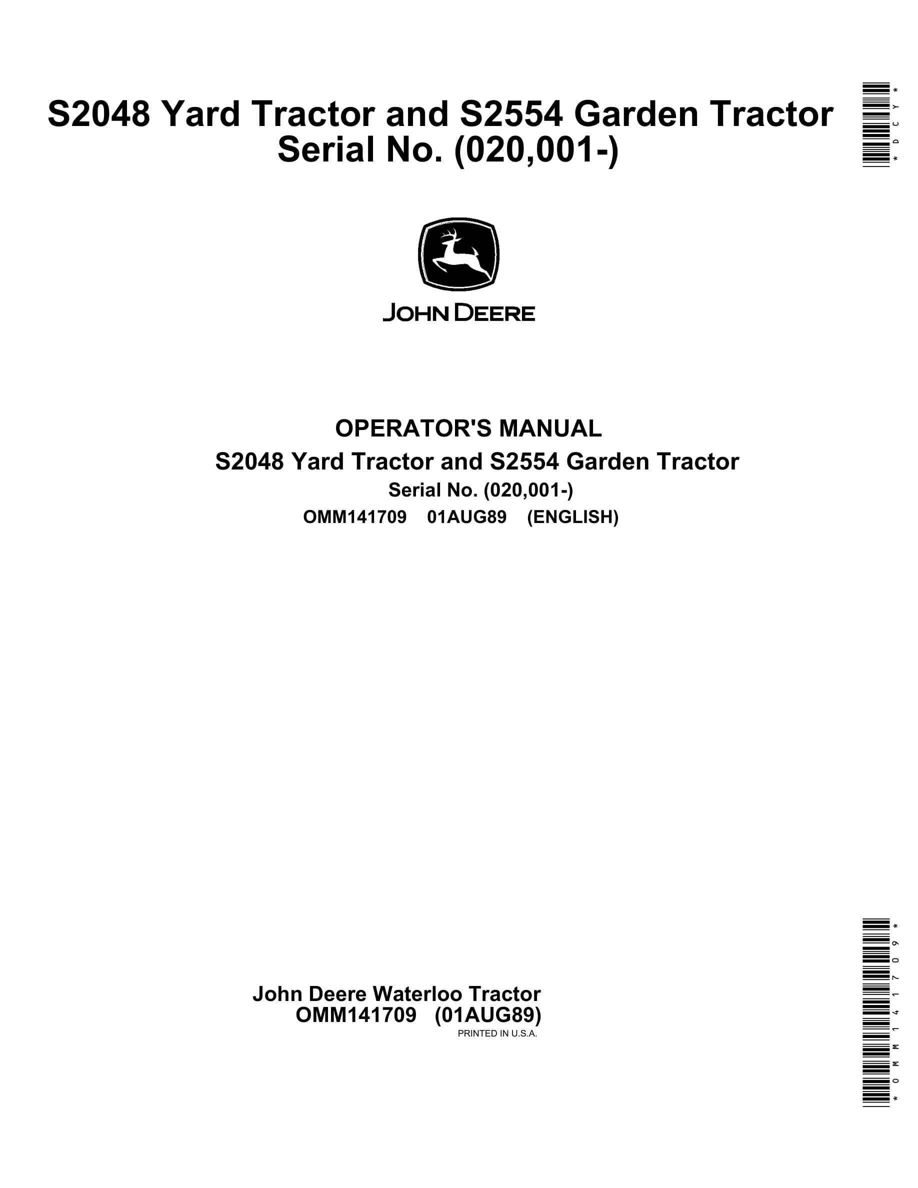 John Deere S2048 S2554 Tractor Operator Manual OMM141709-1