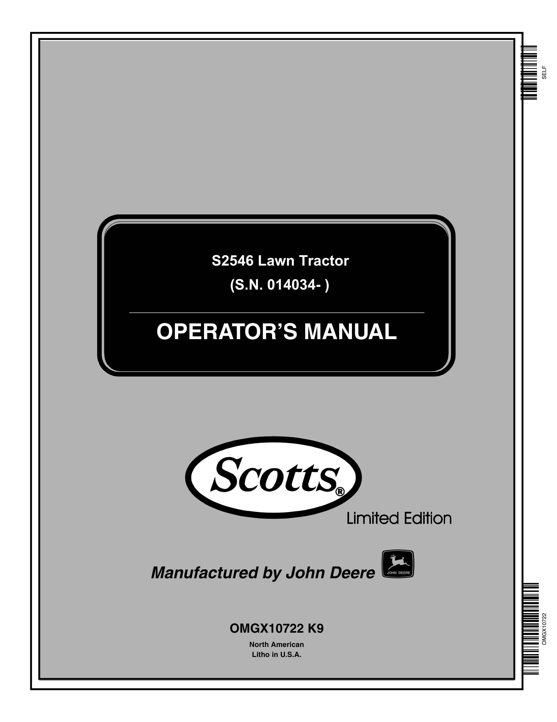 John Deere S2546 Tractor Operator Manual OMGX10722-1
