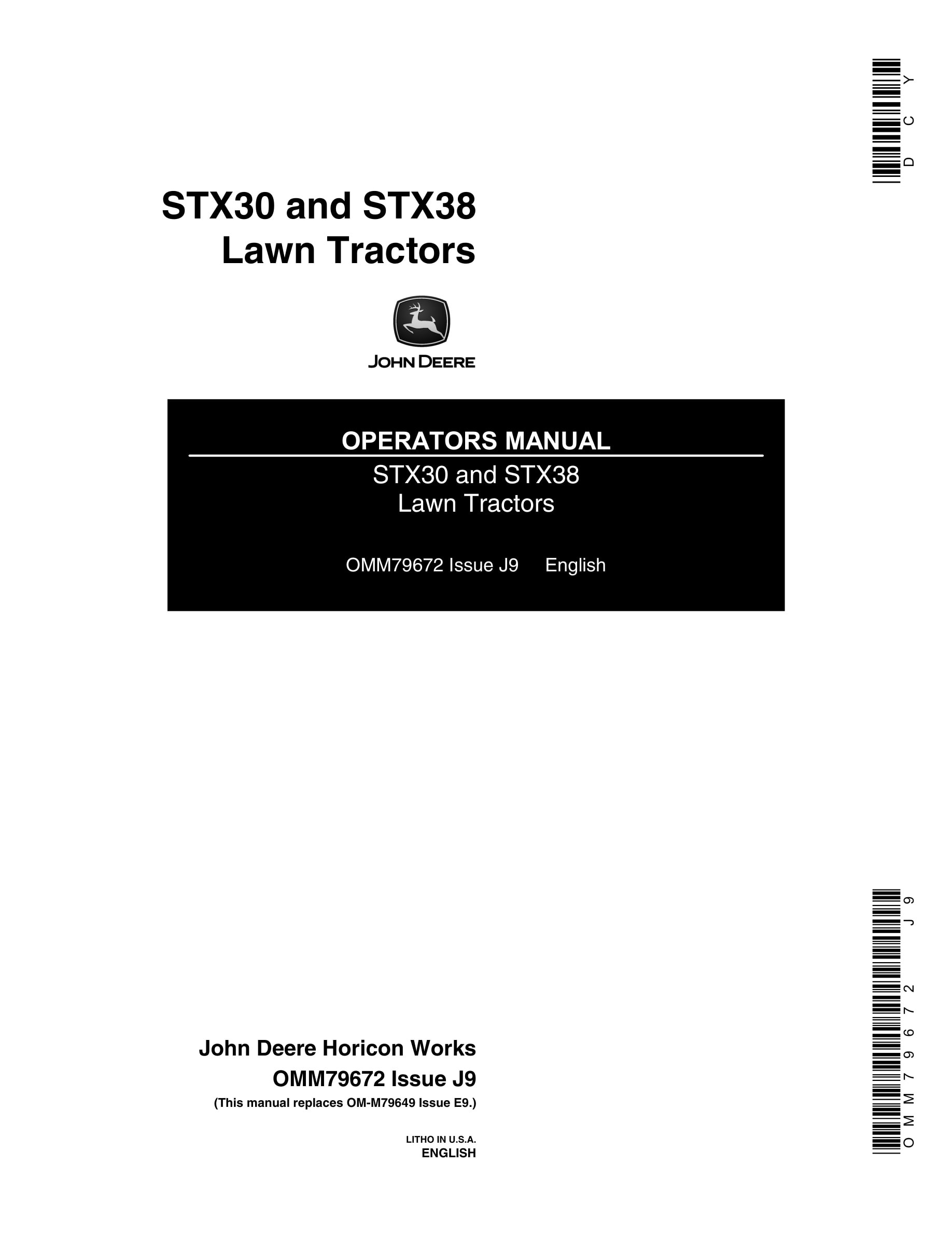 John Deere STX30 and STX38 Tractor Operator Manual OMM79672-1
