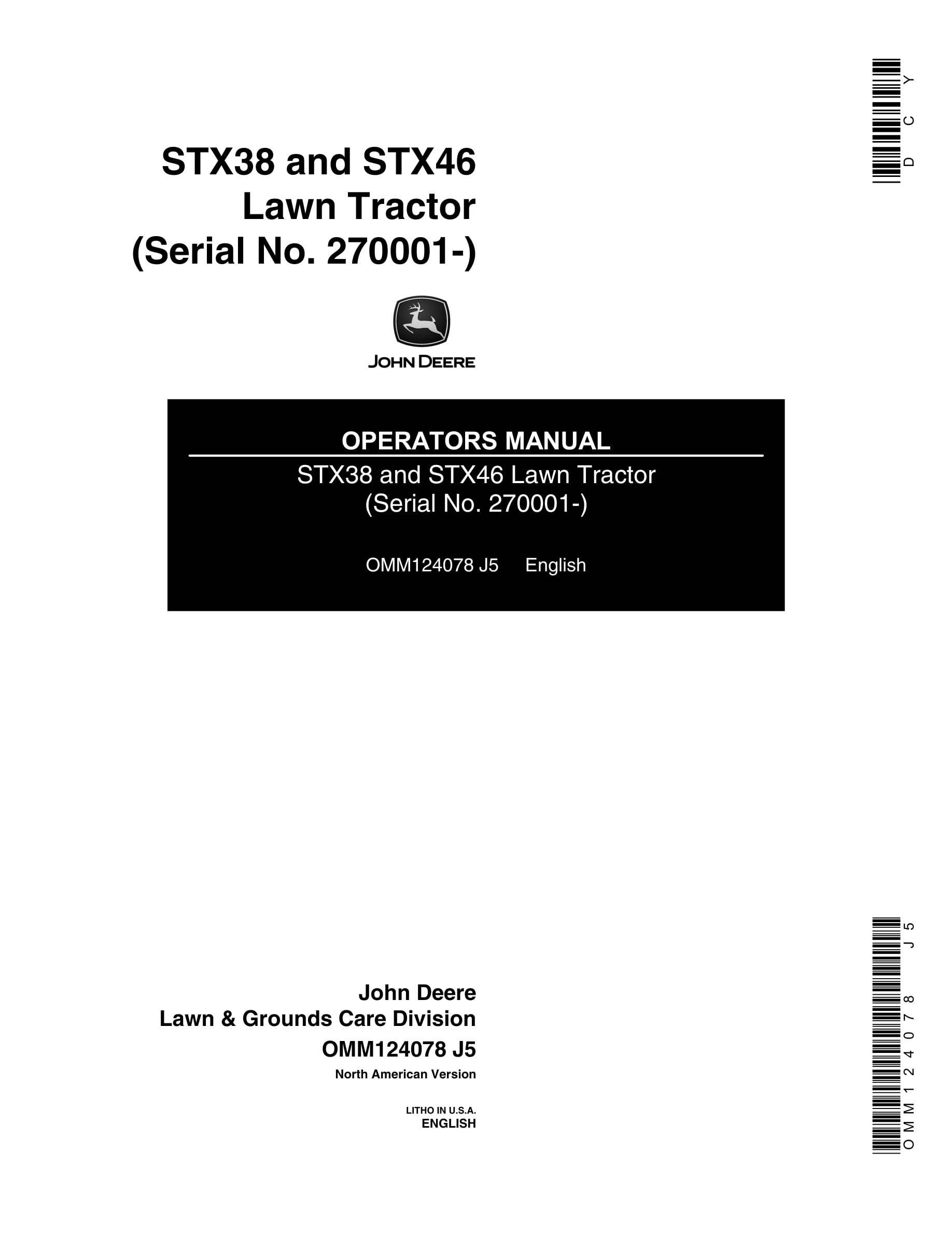 John Deere STX38 and STX46 Tractor Operator Manual OMM124078-1