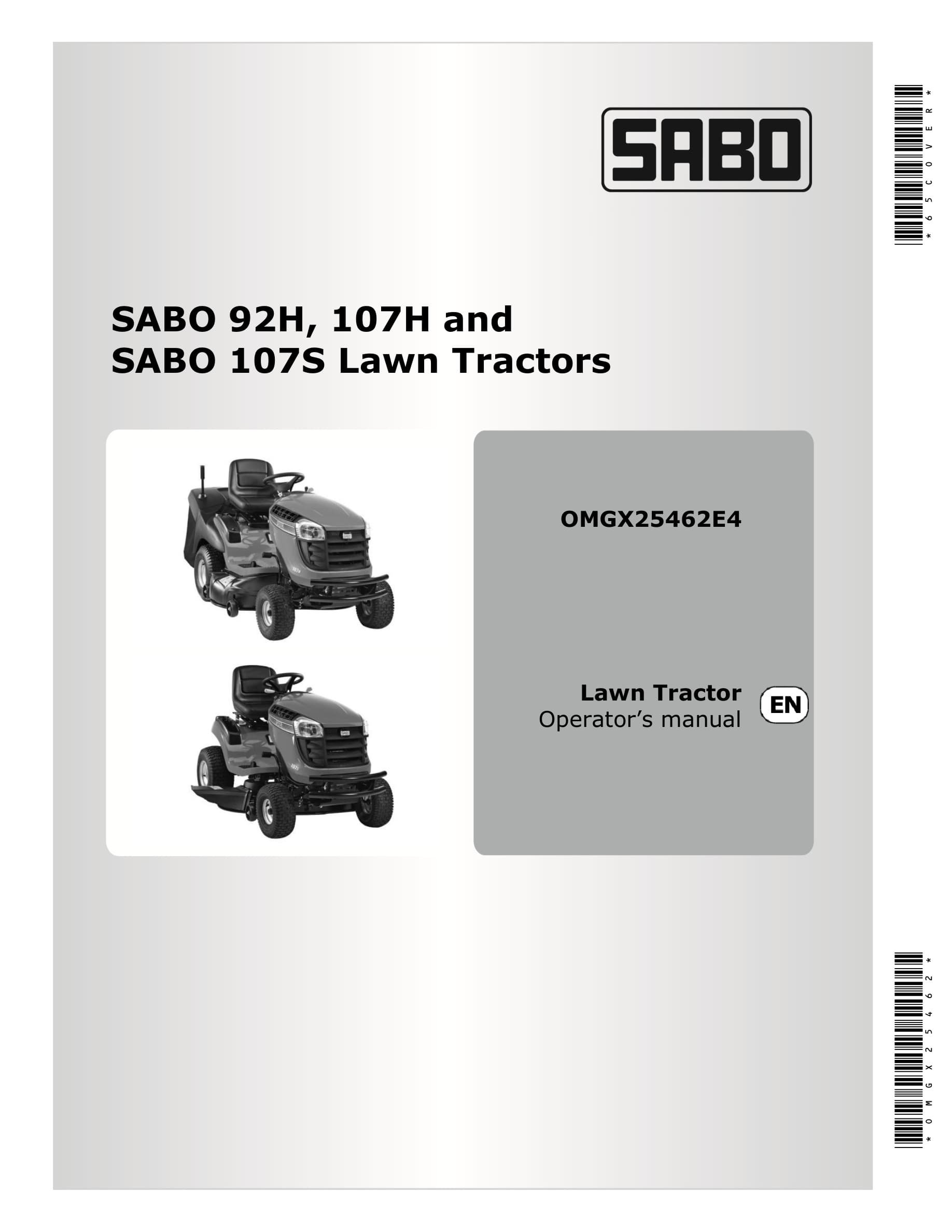 John Deere Sabo 92h, 107h And Sabo 107s Lawn Tractors Operator Manuals OMGX25462-1
