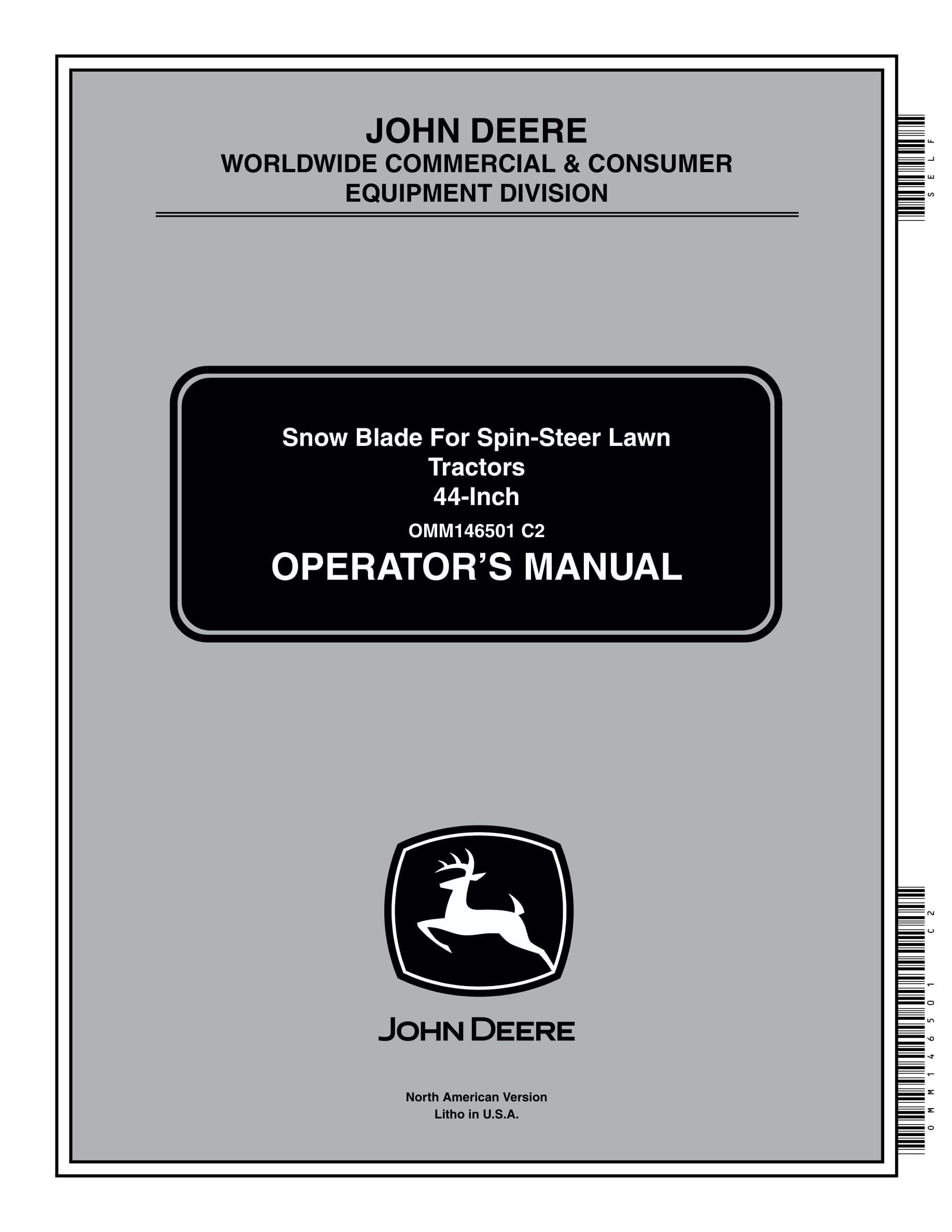 John Deere Snow Blade For Spin-steer 44-inch Lawn Tractors Operator Manuals OMM146501-1