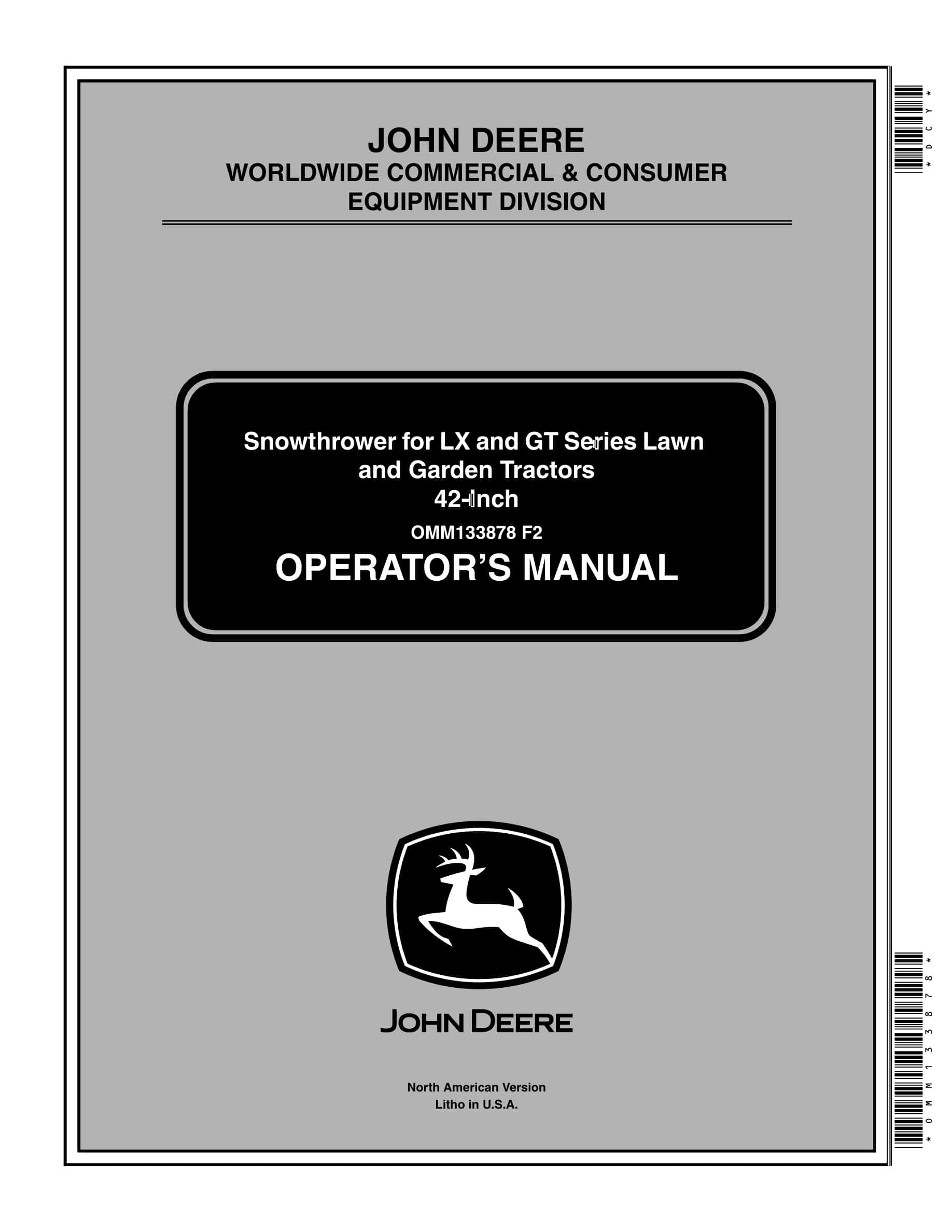 John Deere Snowthrower For Lx And Gt Series Lawn And 42 Operator Manuals OMM133878-1