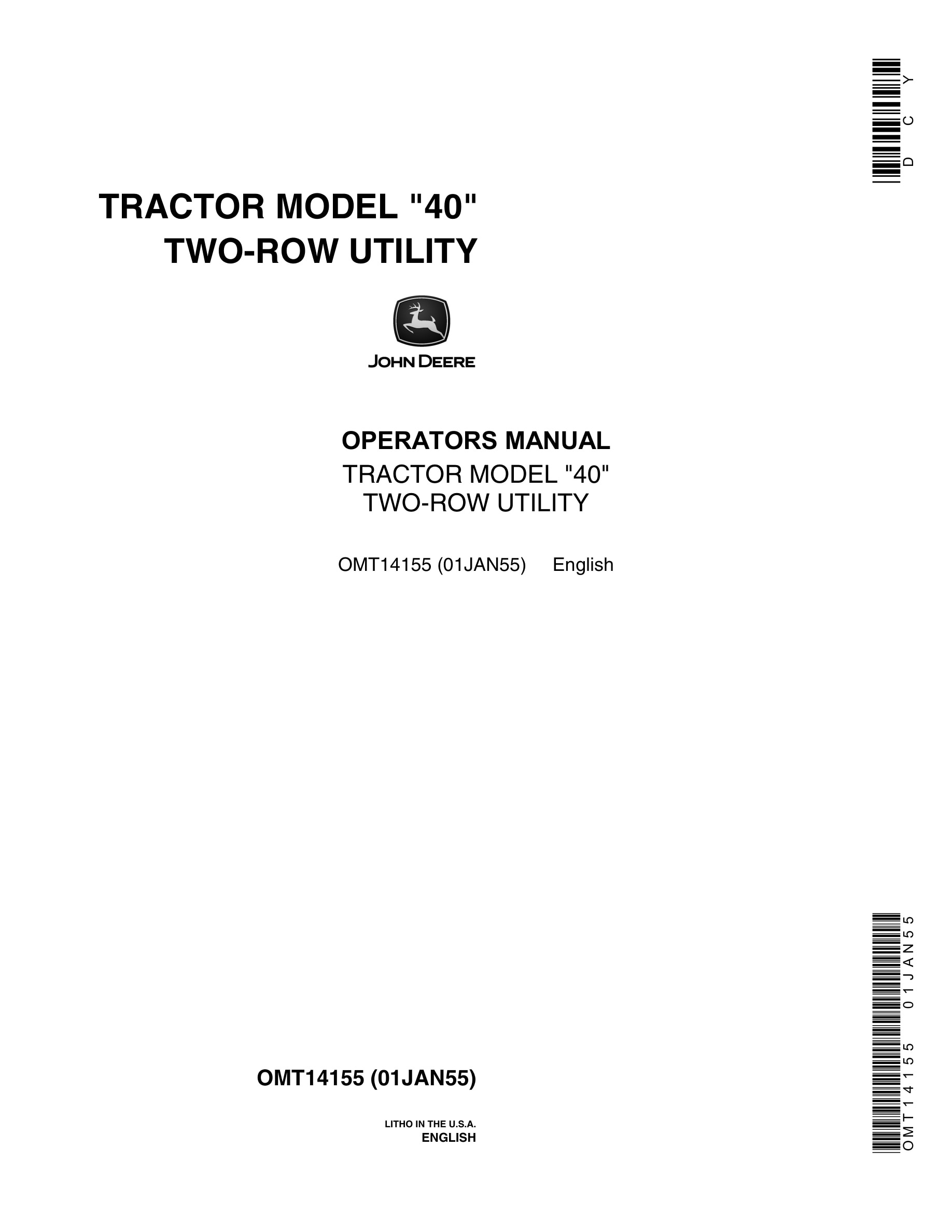 John Deere Two-row Utility 40 Tractor Operator Manual OMT1415-1