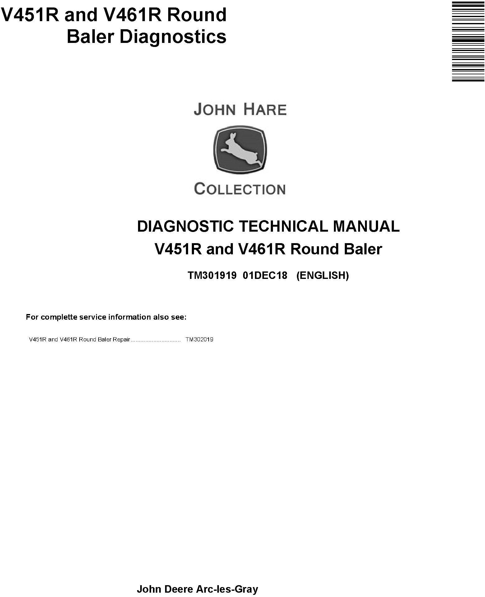 John Deere V451R V461R Round Baler Diagnostic Technical Manual TM301919