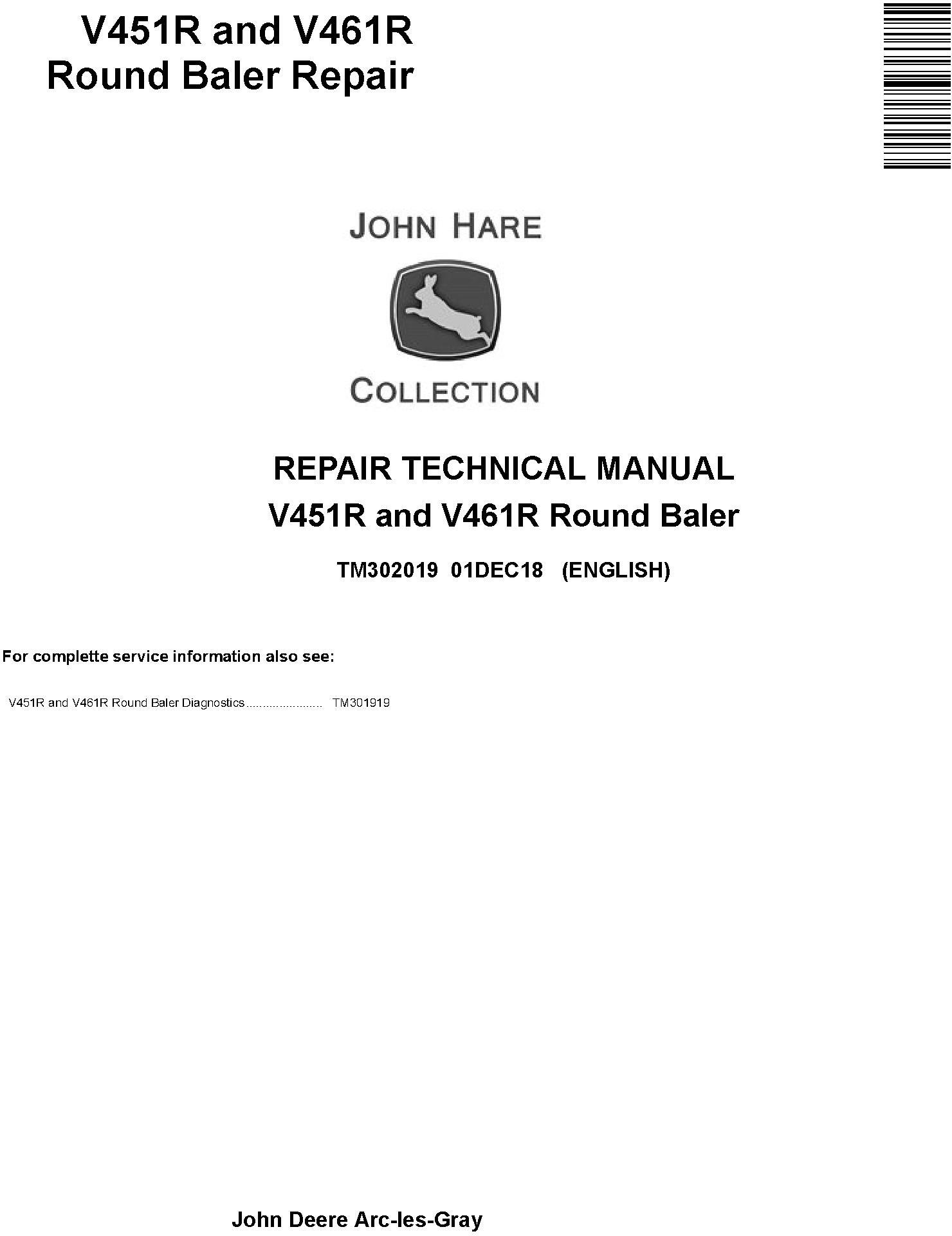 John Deere V451R V461R Round Baler Repair Technical Manual TM302019