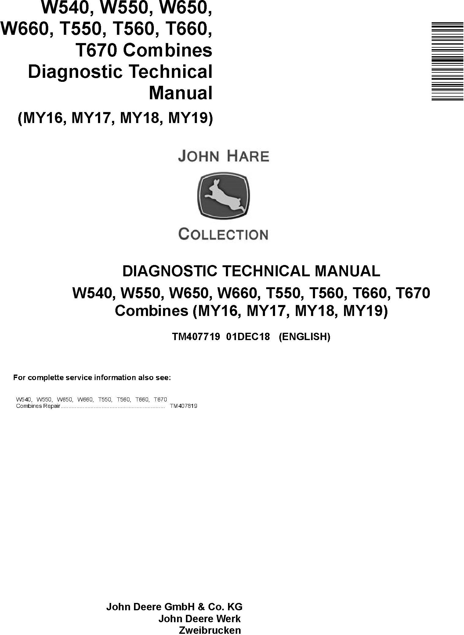 John Deere W540 to W660, T550 to T670 Combine Diagnostic Technical Manual TM407719