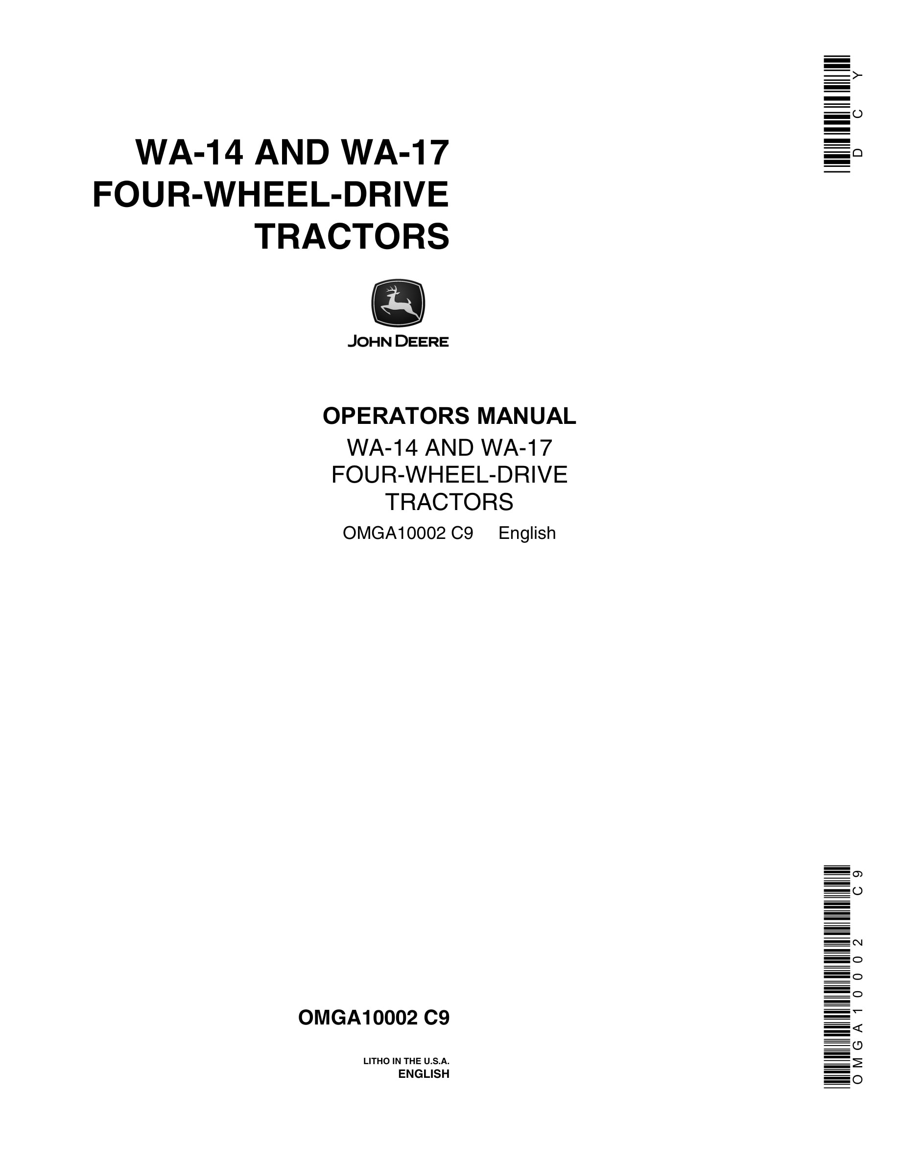 John Deere WA-14 AND WA-17 Tractor Operator Manual OMGA10002-1