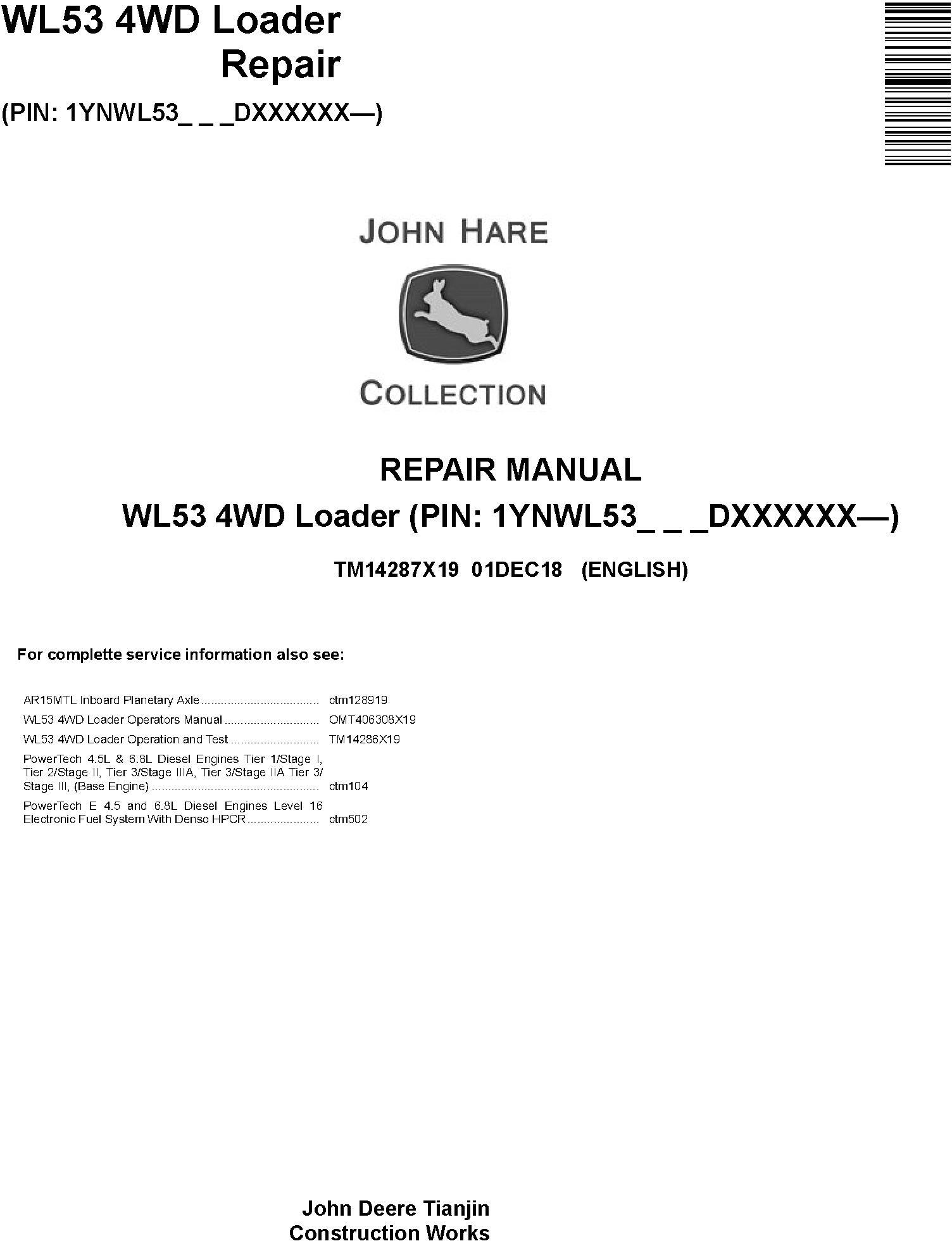 John Deere WL53 4WD Loader Repair Manual TM14287X19
