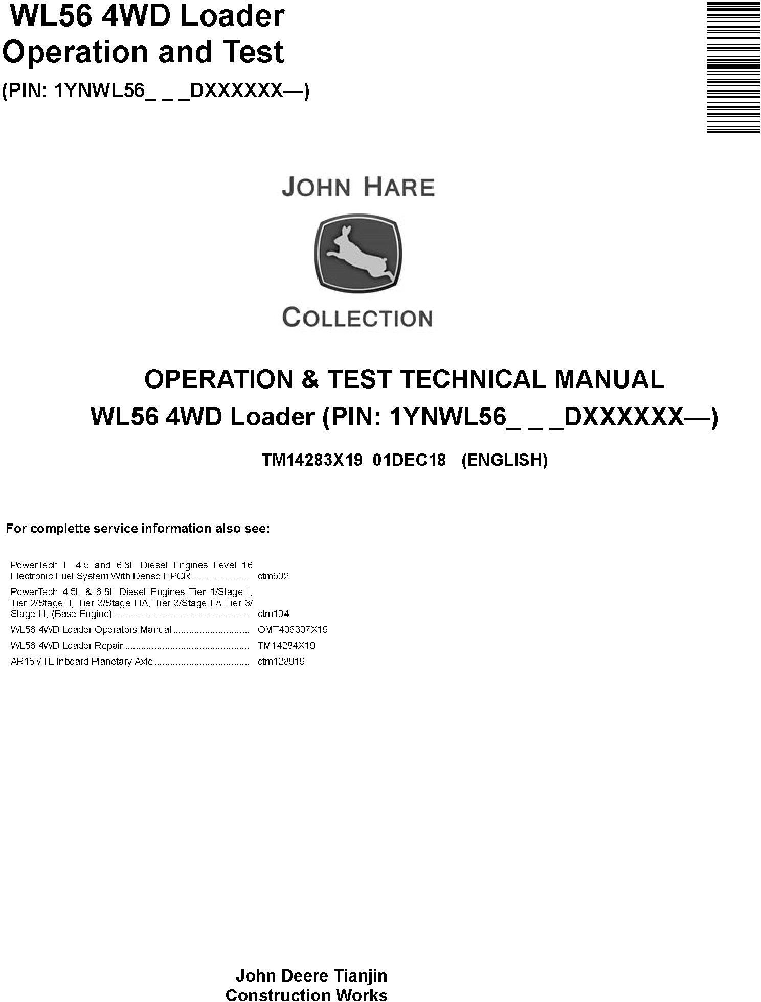 John Deere WL56 4WD Loader Operation Test Technical Manual TM14283X19