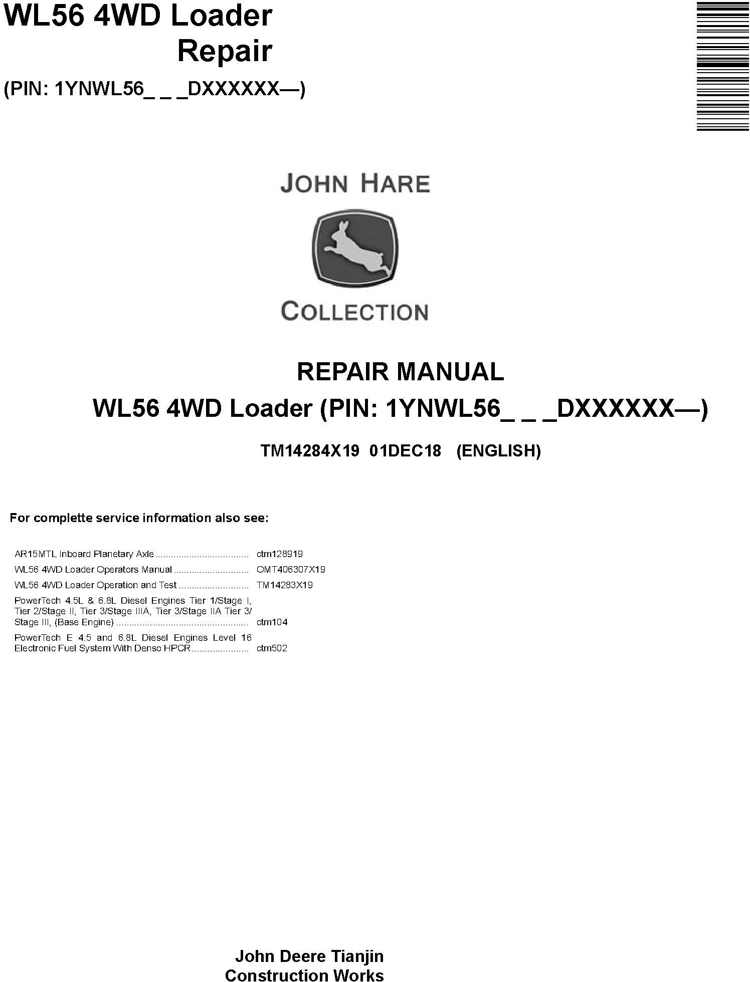 John Deere WL56 4WD Loader Repair Manual TM14284X19