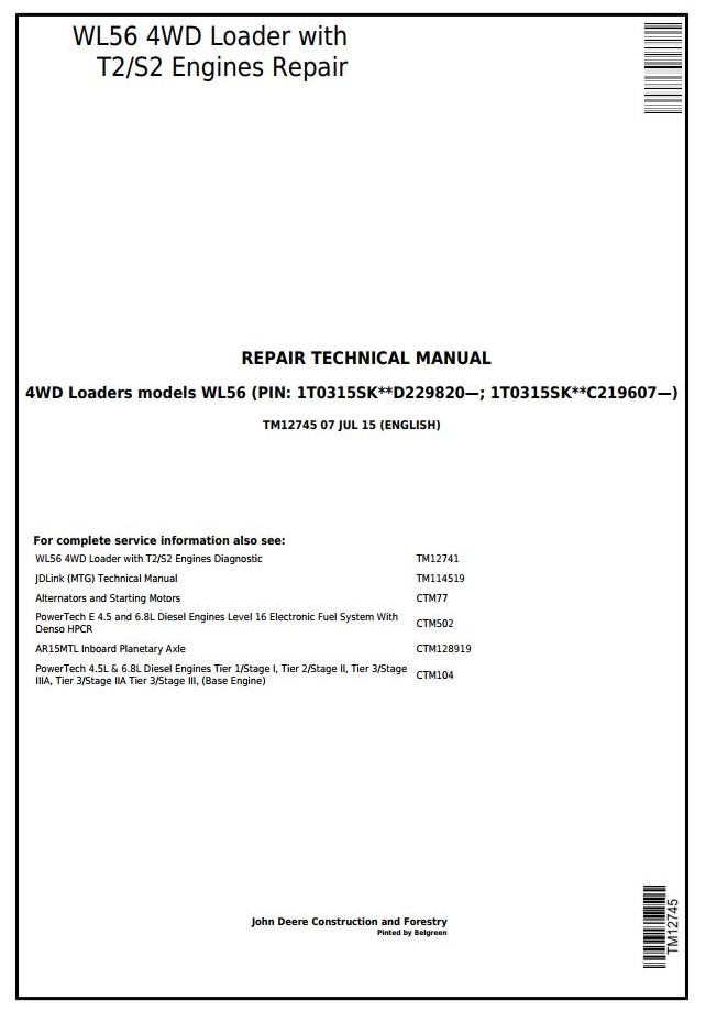 John Deere WL56 4WD Loader Repair Technical Manual TM12745