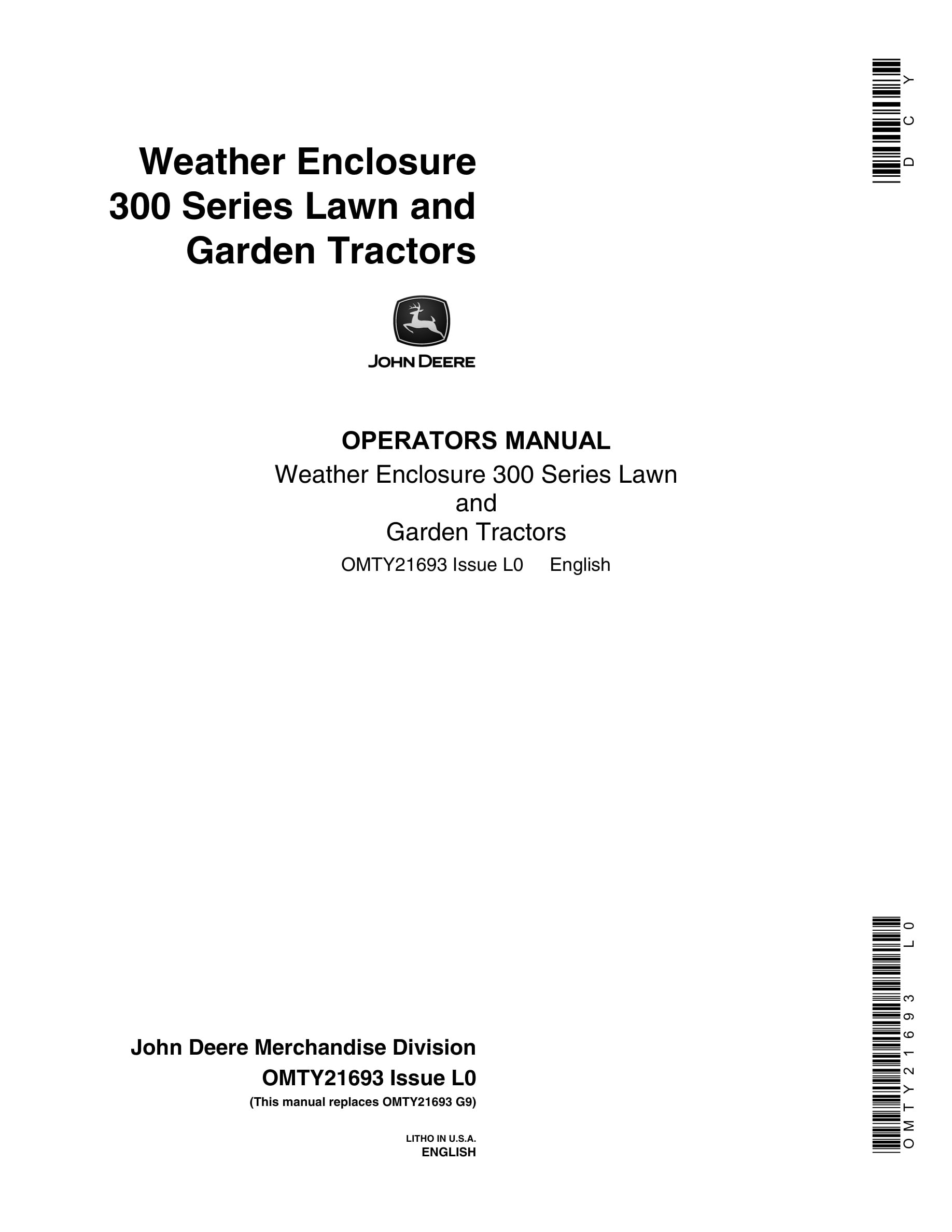 John Deere Weather Enclosure 300 Series Lawn And Garden Tractors Operator Manuals OMTY21693-1