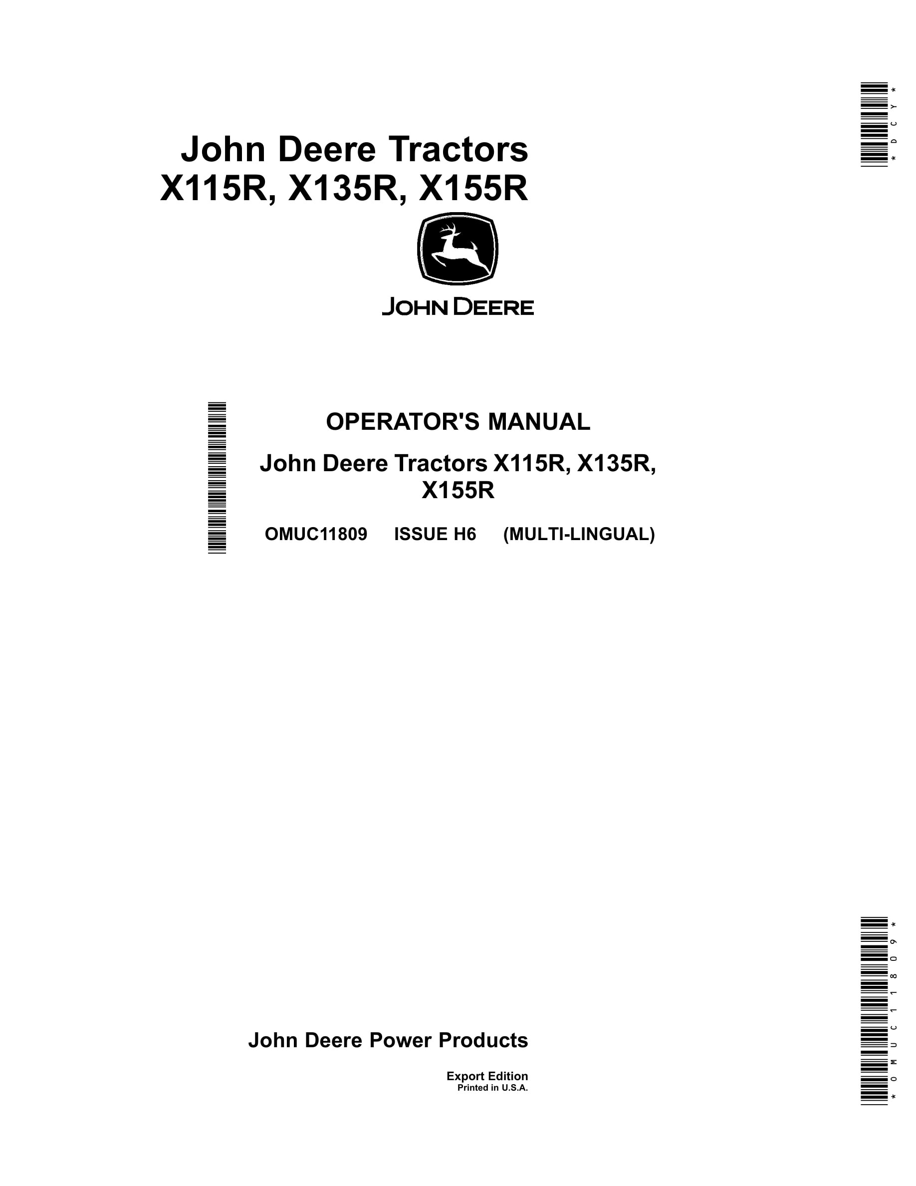 John Deere X115r, X135r, X155r Tractors Operator Manuals OMUC11809-1