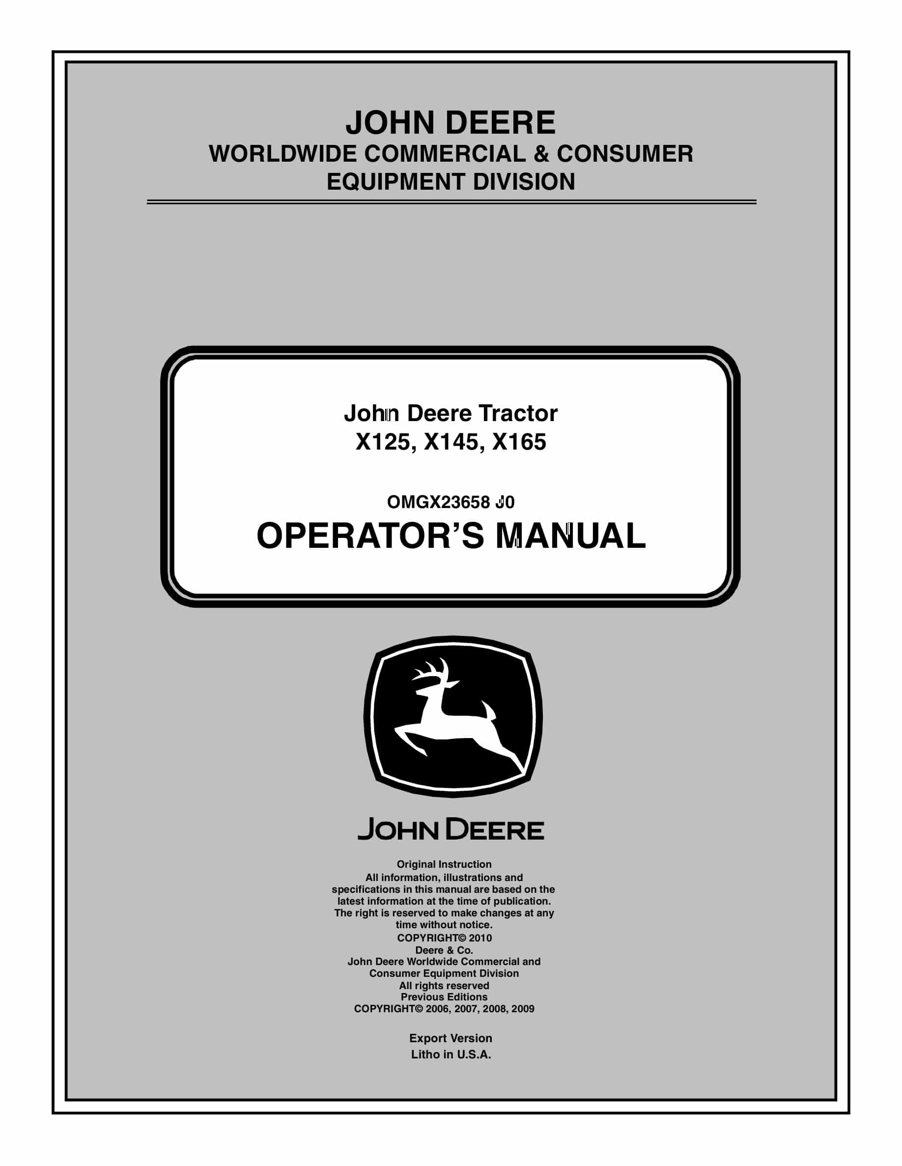 John Deere X125, X145, X165 Tractors Operator Manual OMGX23658-1