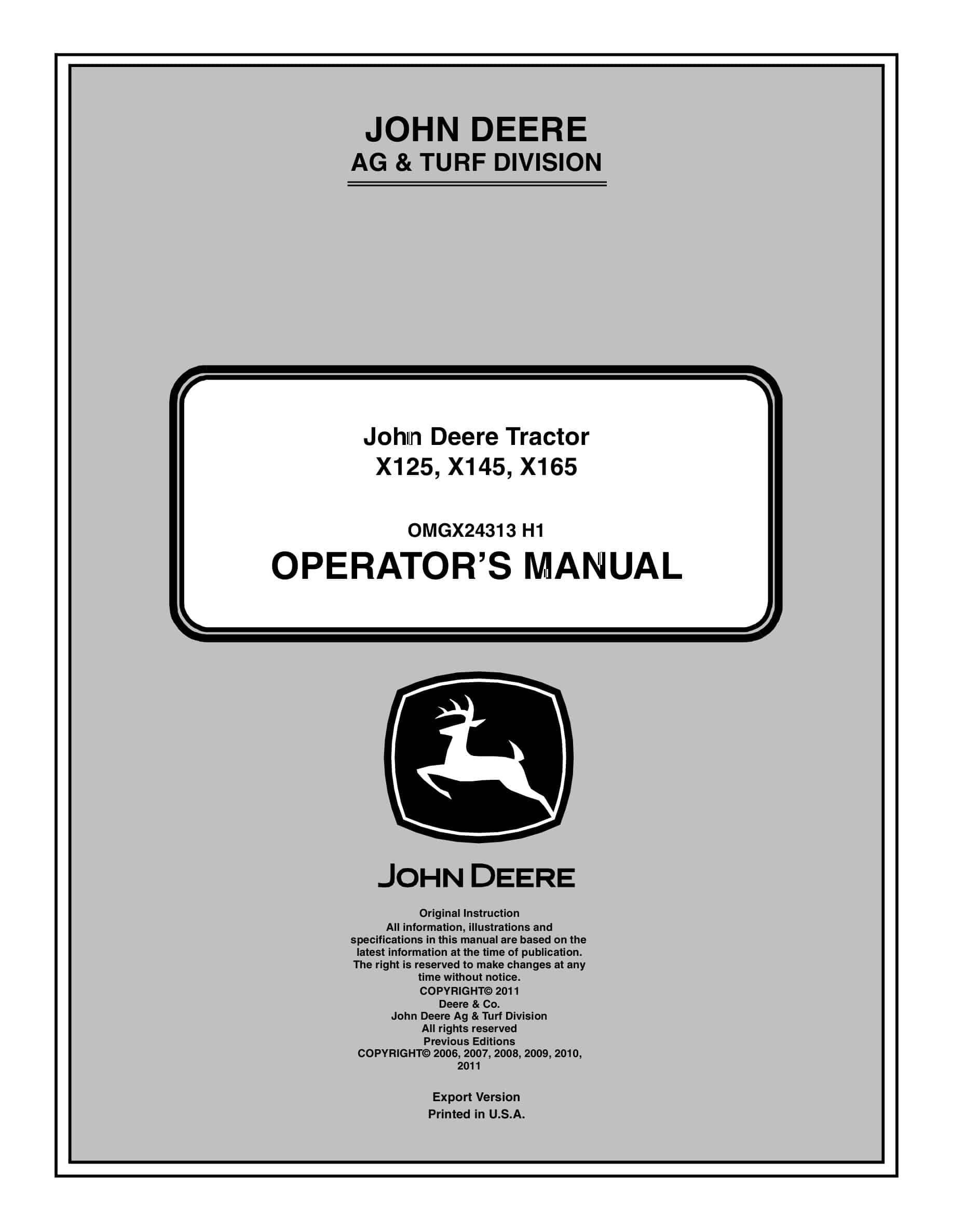 John Deere X125, X145, X165 Tractors Operator Manual OMGX24313-1