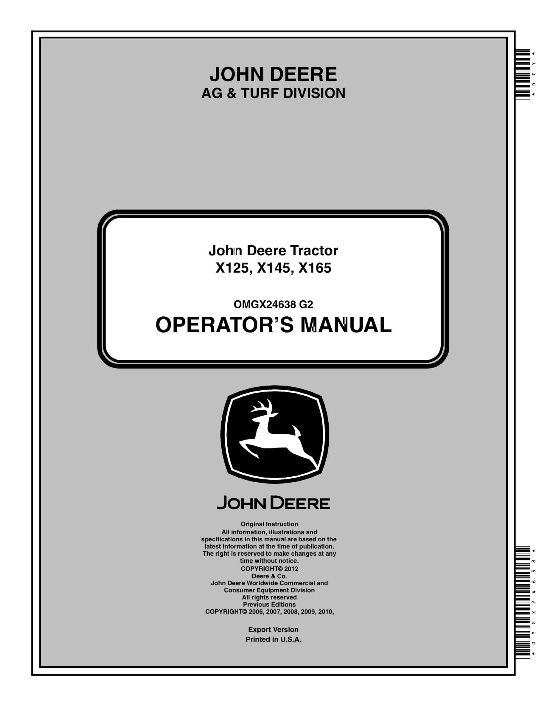 John Deere X125, X145, X165 Tractors Operator Manual OMGX24638-1