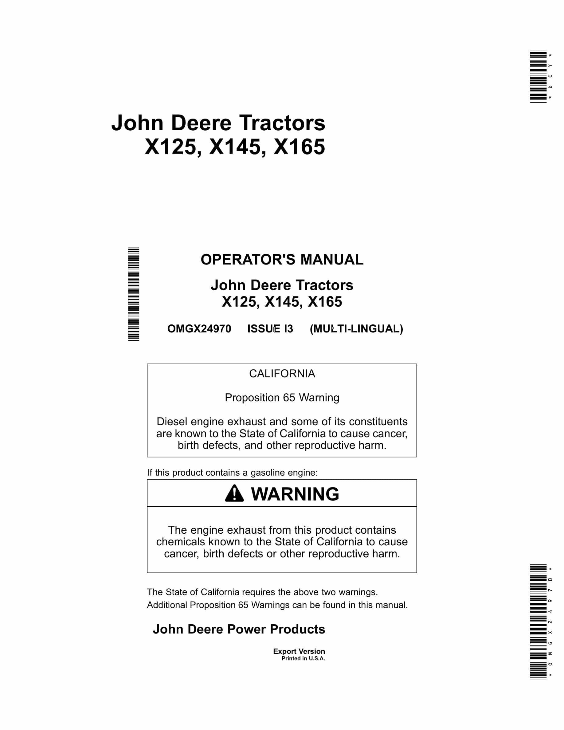 John Deere X125, X145, X165 Tractors Operator Manual OMGX24970-1