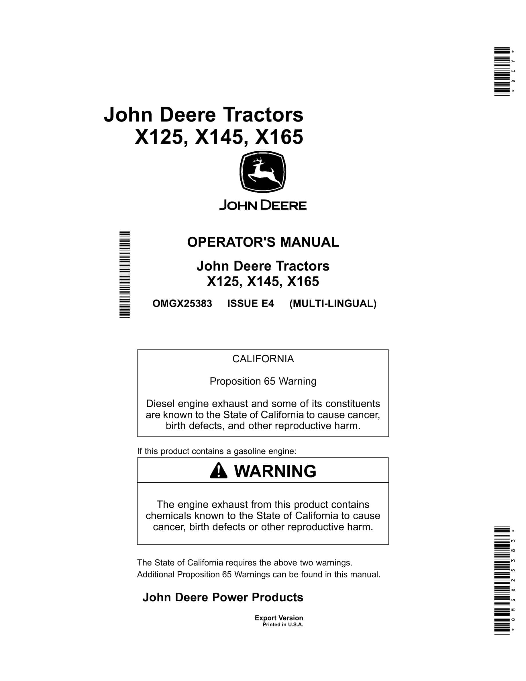 John Deere X125, X145, X165 Tractors Operator Manuals OMGX25383-1