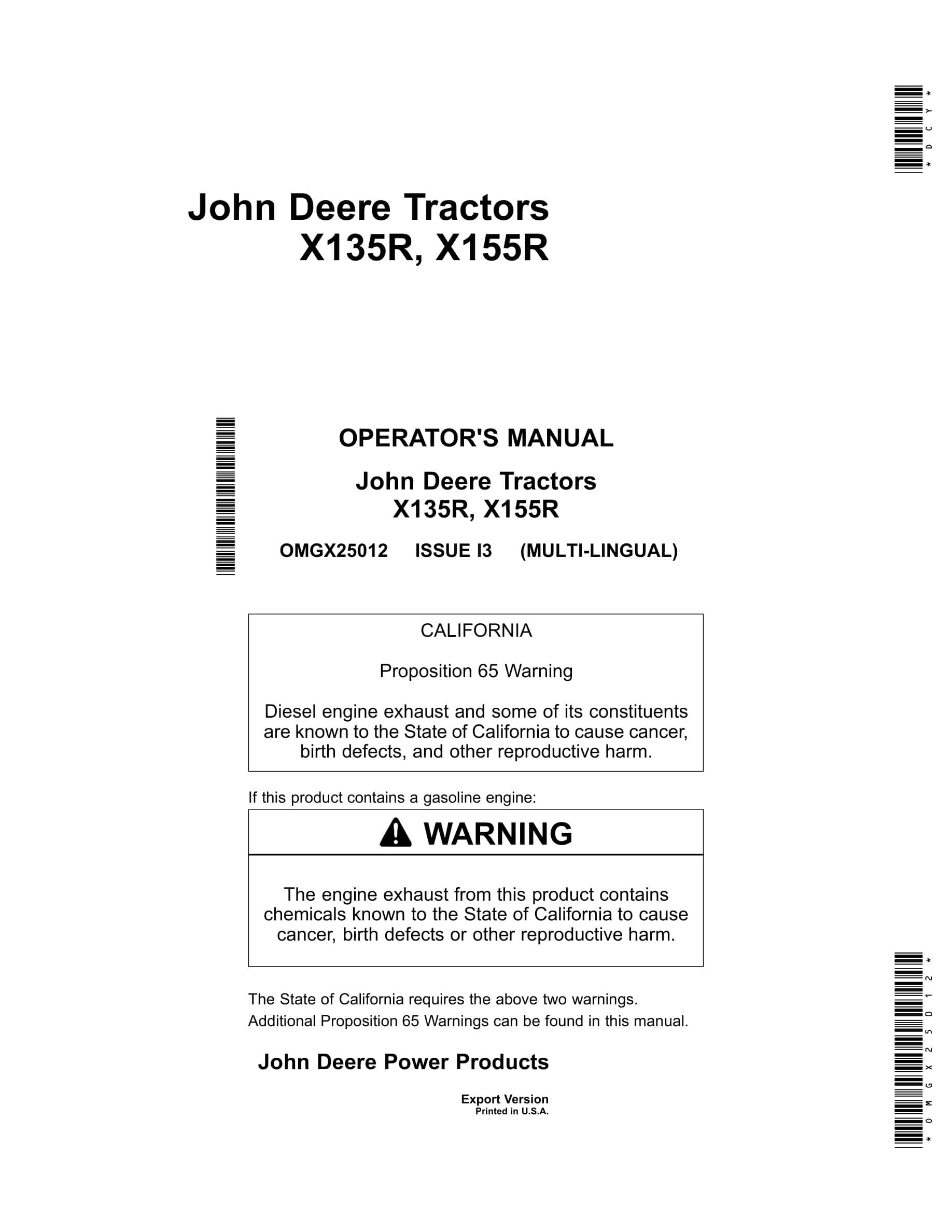 John Deere X135r, X155r Tractors Operator Manual OMGX25012-1