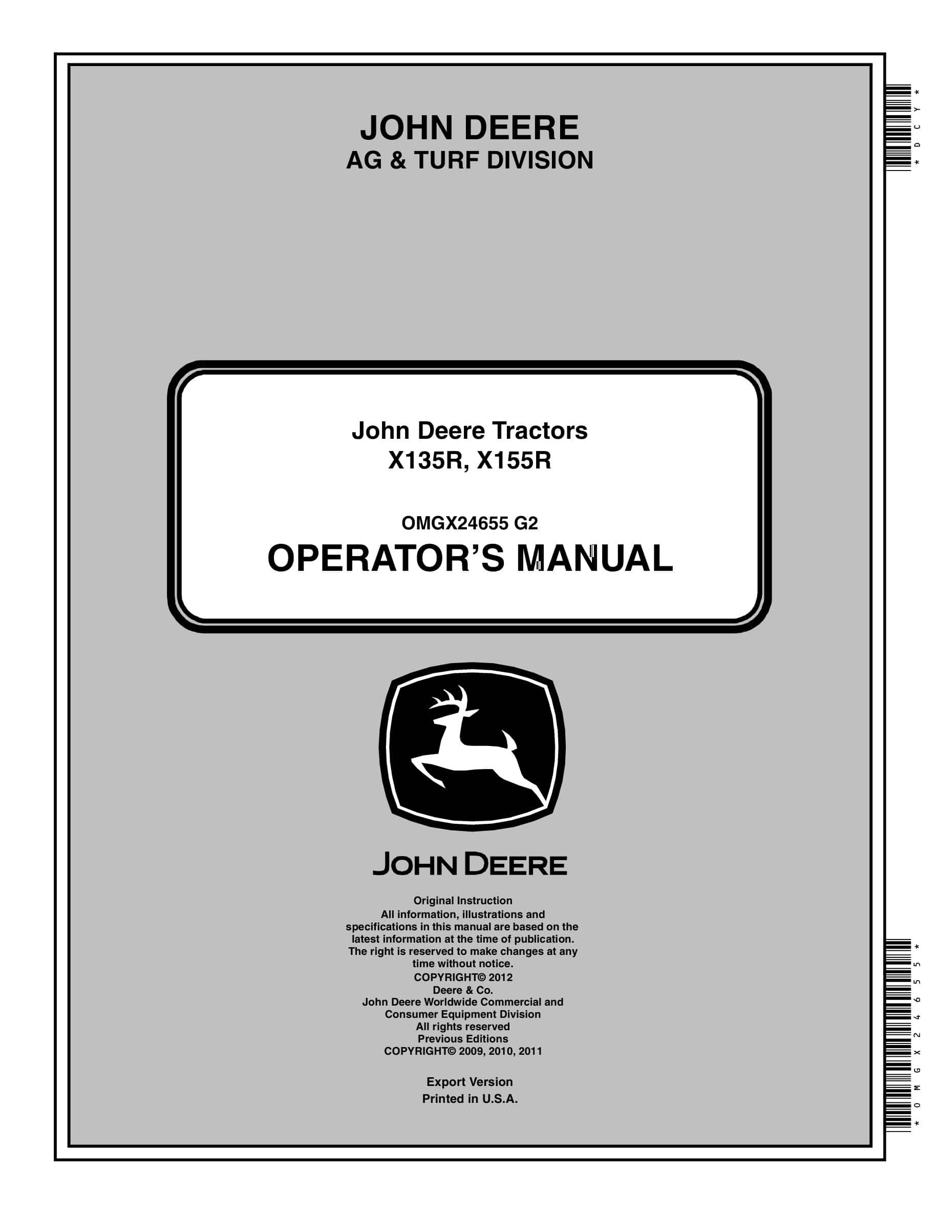 John Deere X135r, X155r Tractors Operator Manual mgx24655-1