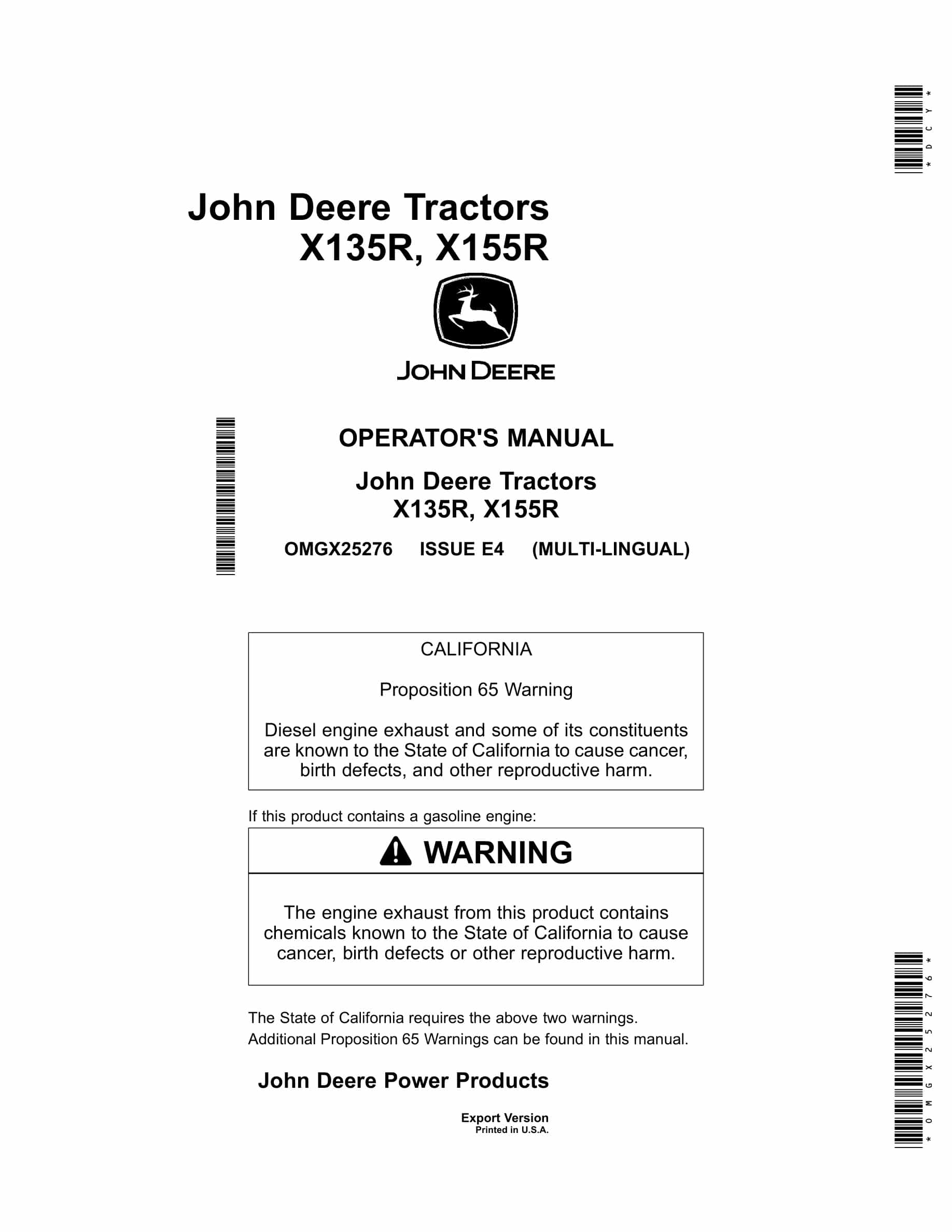 John Deere X135r, X155r Tractors Operator Manuals OMGX25276-1