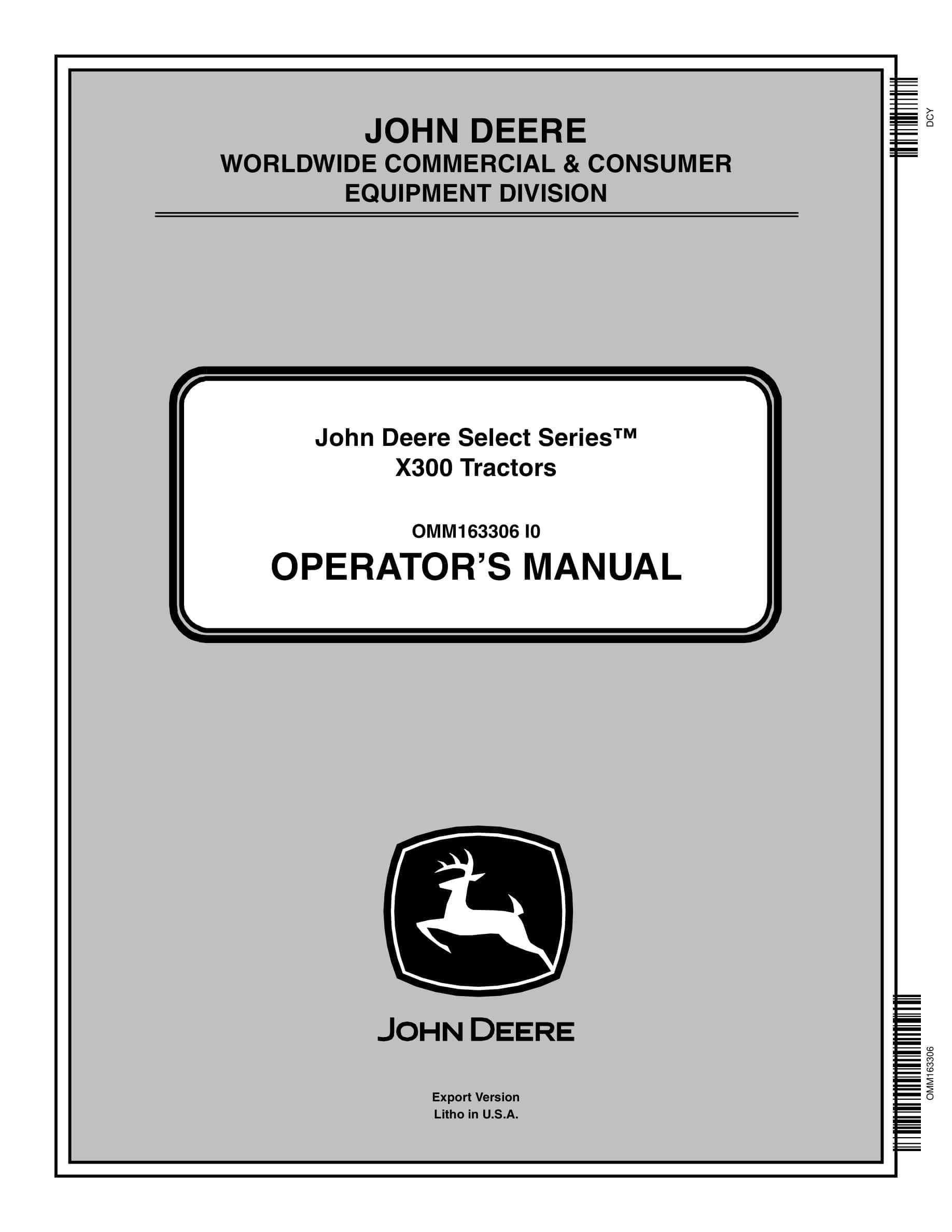 John Deere X300 Tractors Operator Manuals OMM163306-1
