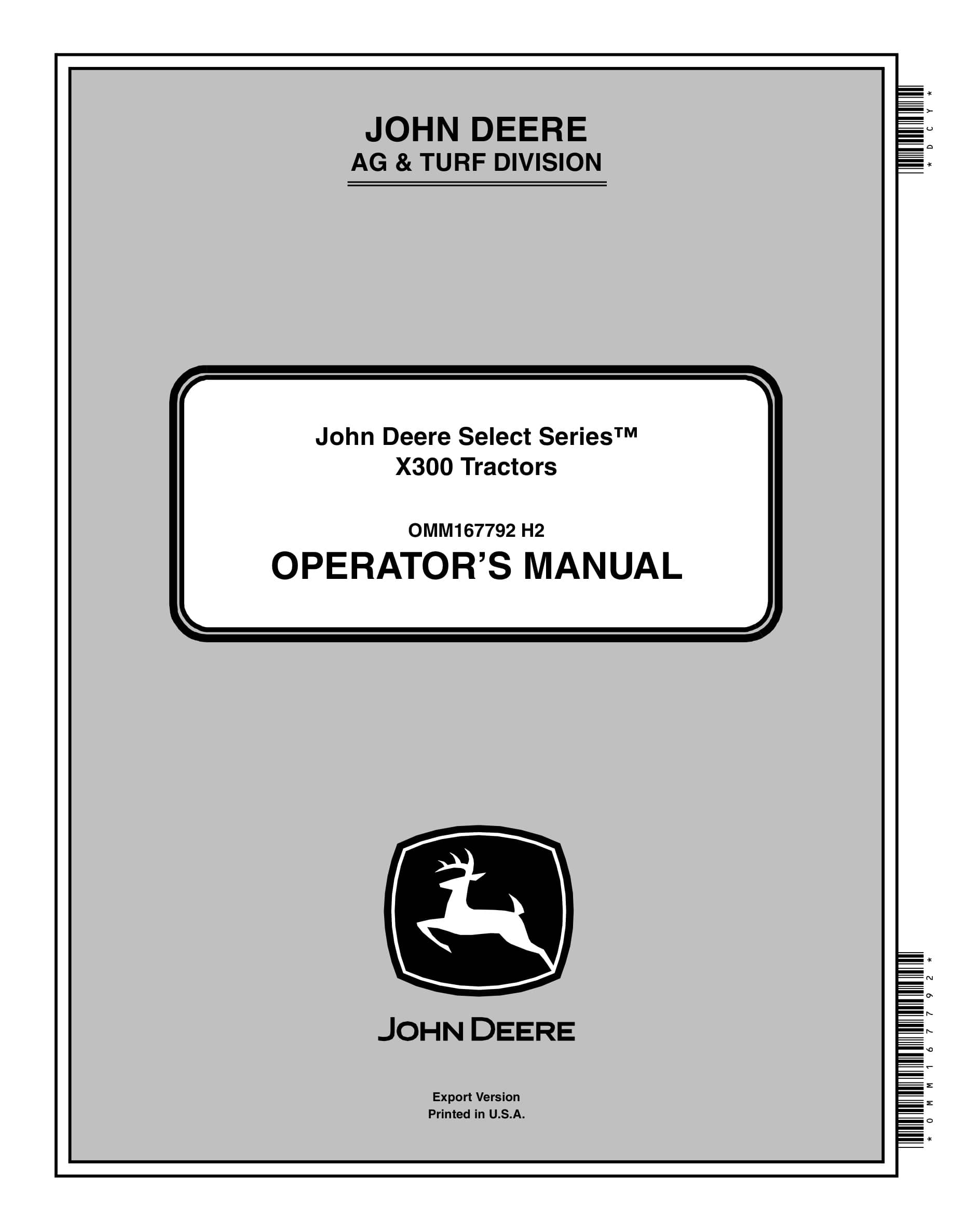 John Deere X300 Tractors Operator Manuals OMM167792-1