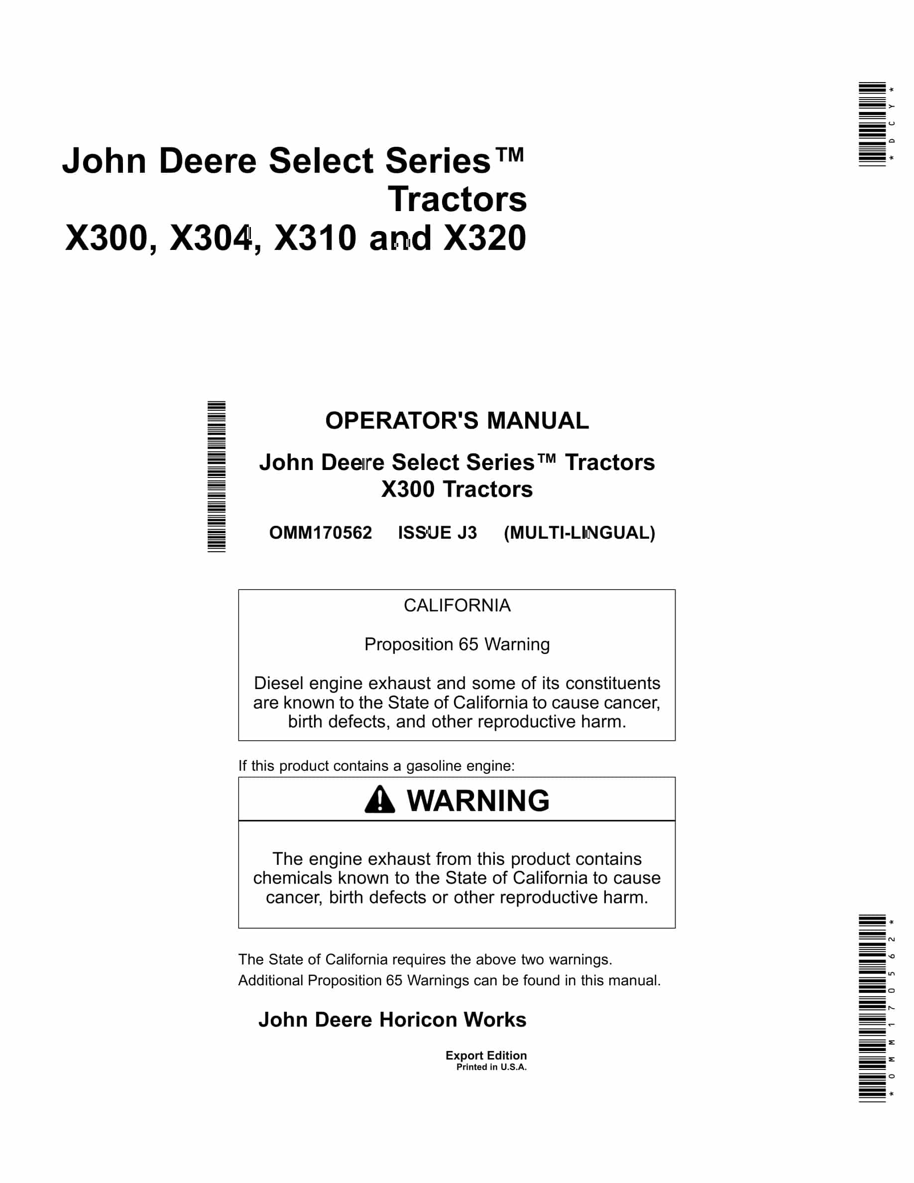 John Deere X300 Tractors Operator Manuals OMM170562-1