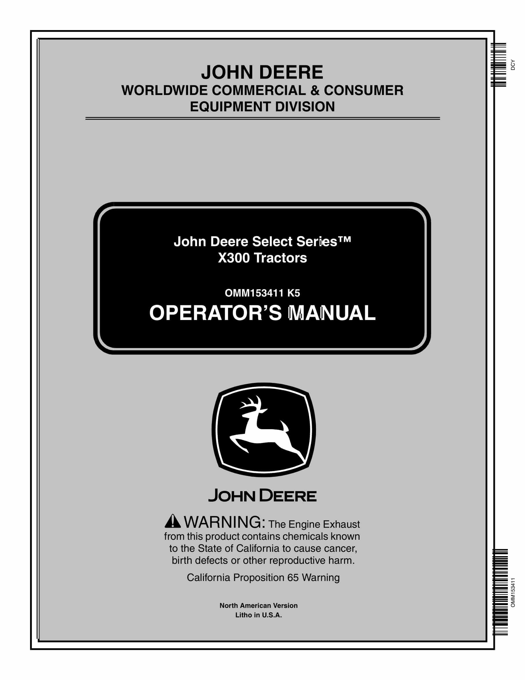 John Deere X300 Tractors Tractor Operator Manual OMM153411-1
