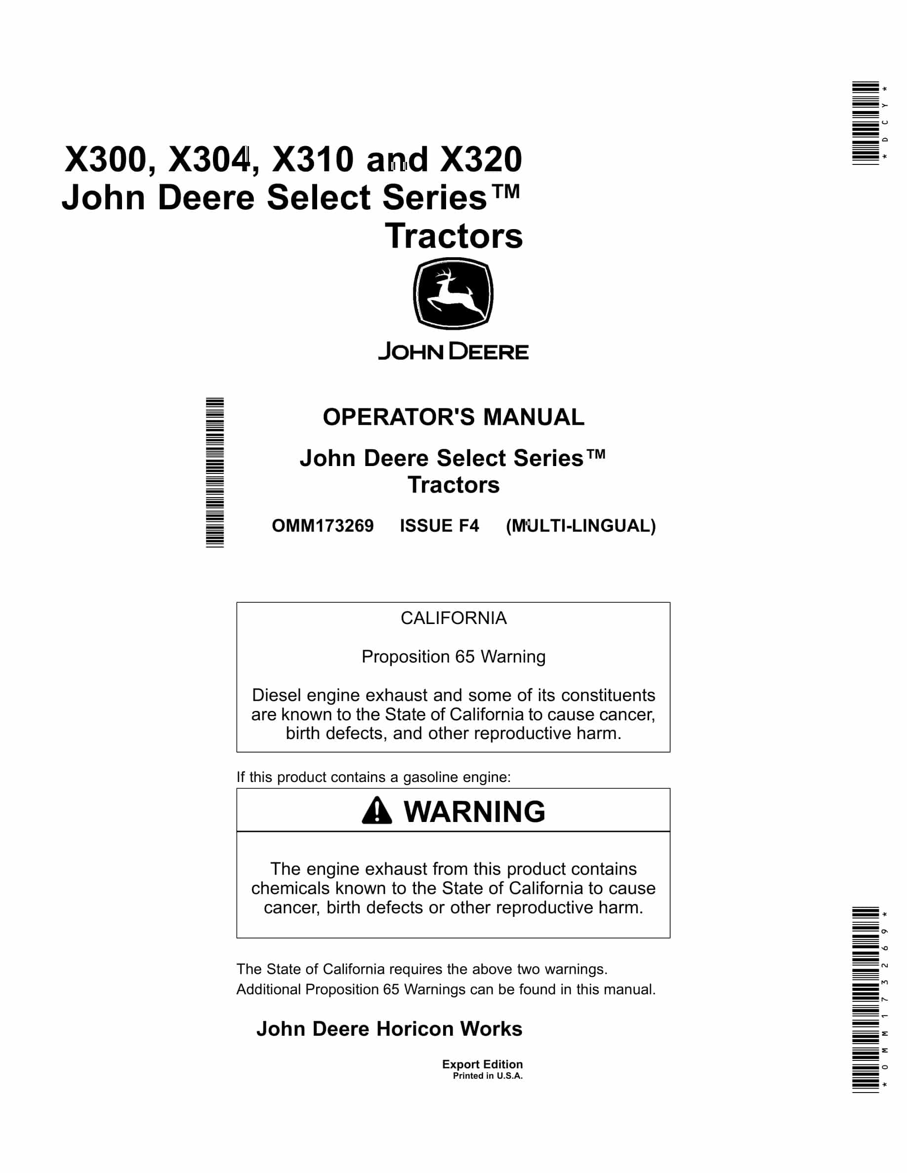 John Deere X300, X304, X310 And X320 Tractors Operator Manuals OMM173269-1
