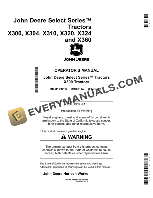 John Deere X300, X304, X310, X320, X324 and X360 Tractor Operator Manual OMM173266