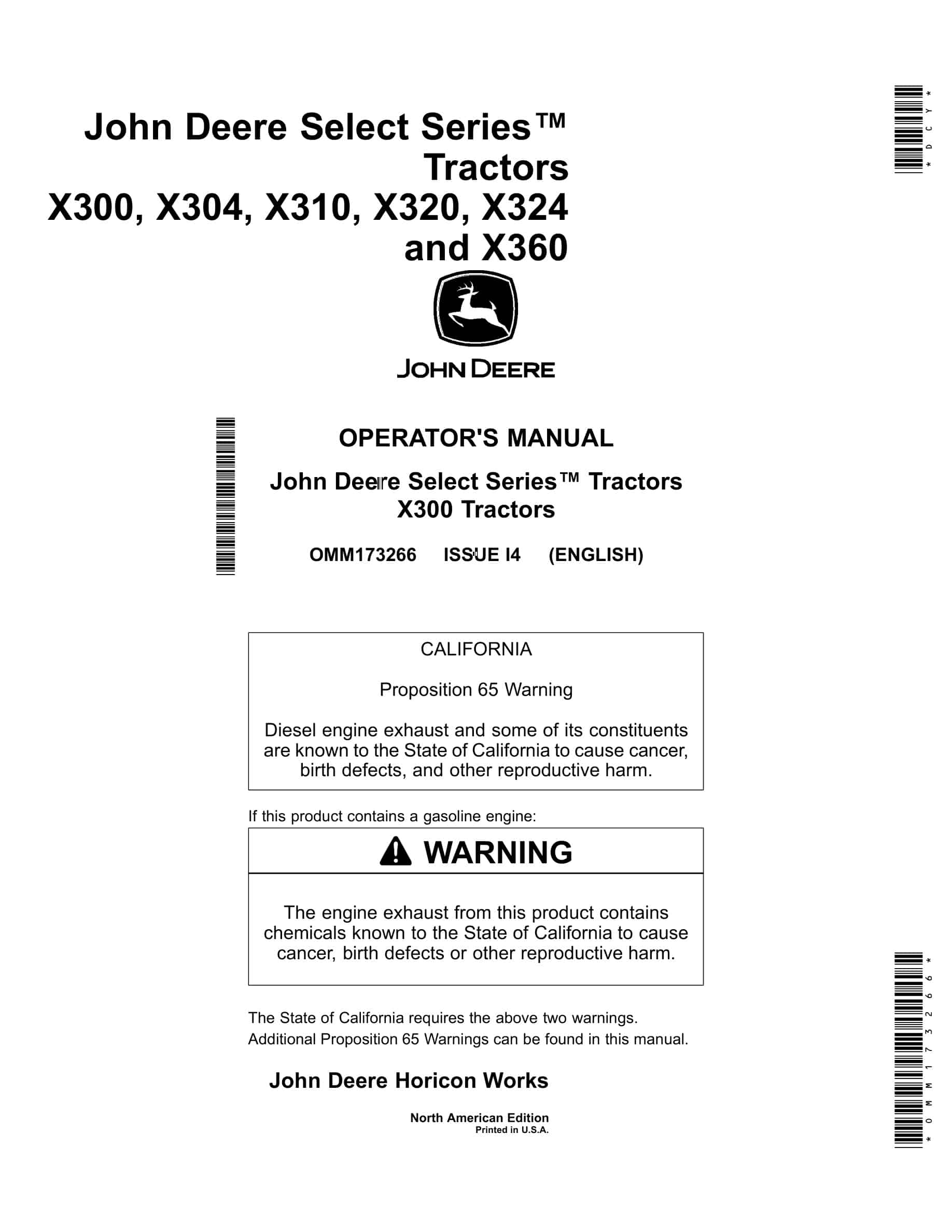 John Deere X300, X304, X310, X320, X324 and X360 Tractor Operator Manual OMM173266-1