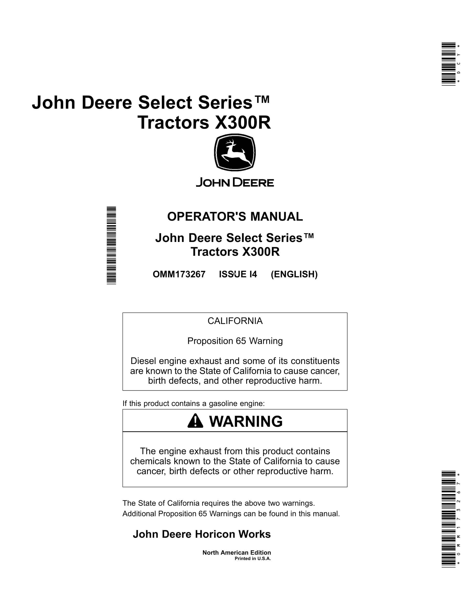 John Deere X300R Tractor Operator Manual OMM173267-1