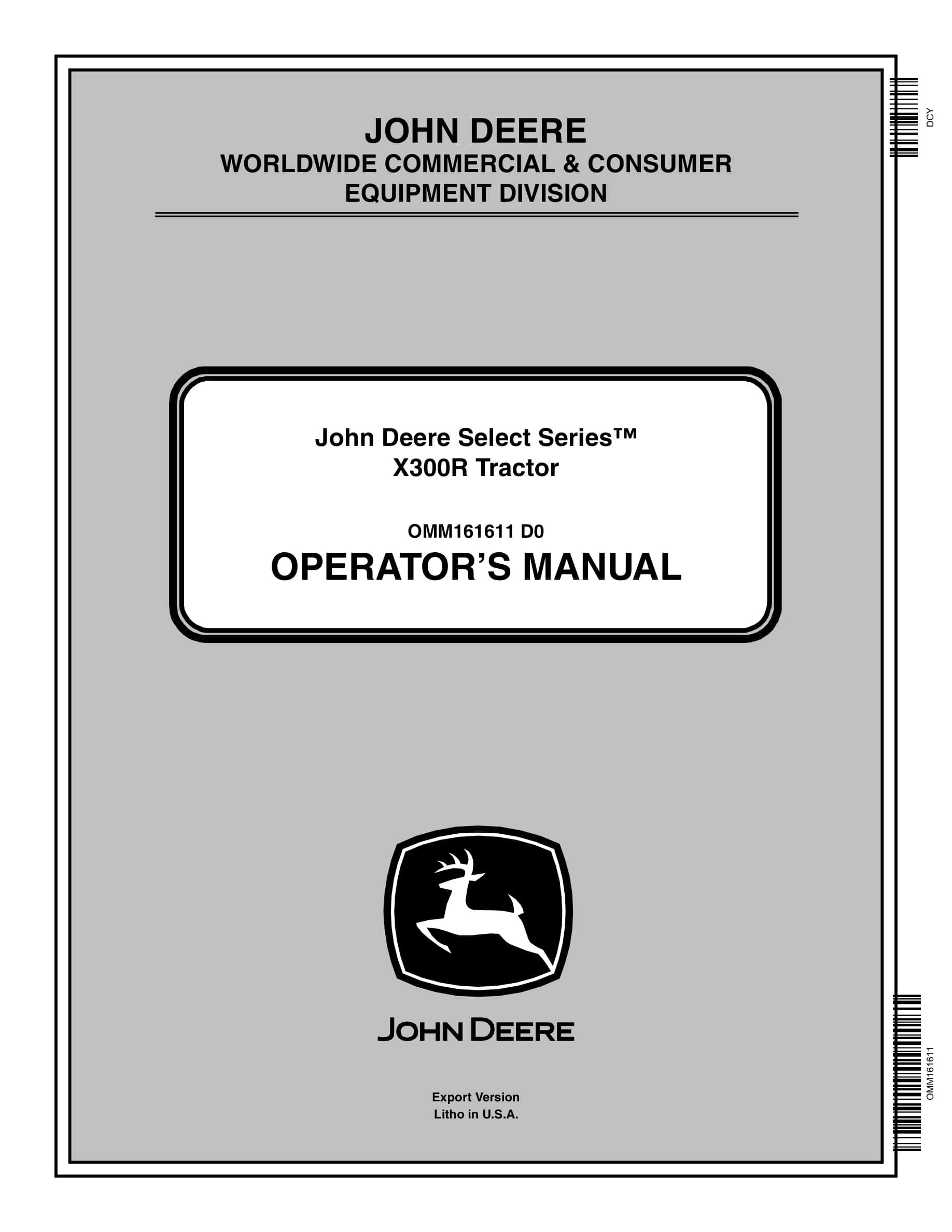 John Deere X300r Tractors Operator Manual OMM161611-1