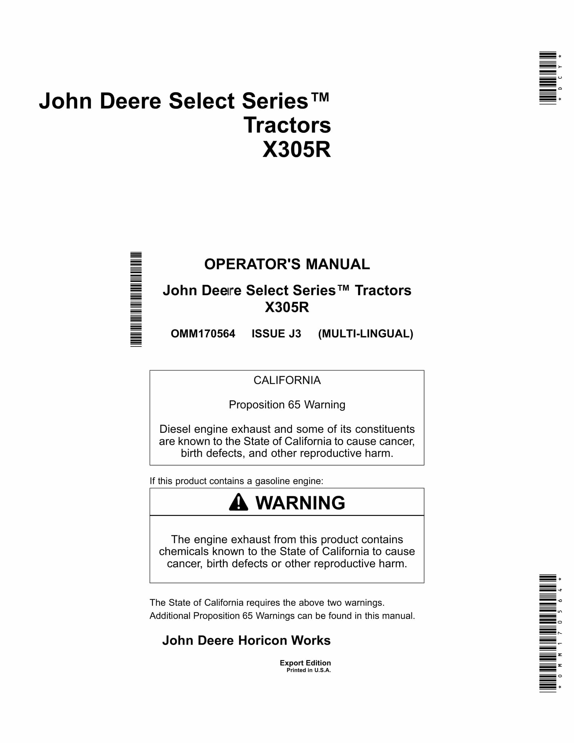 John Deere X305r Tractors Operator Manuals OMM170564-1