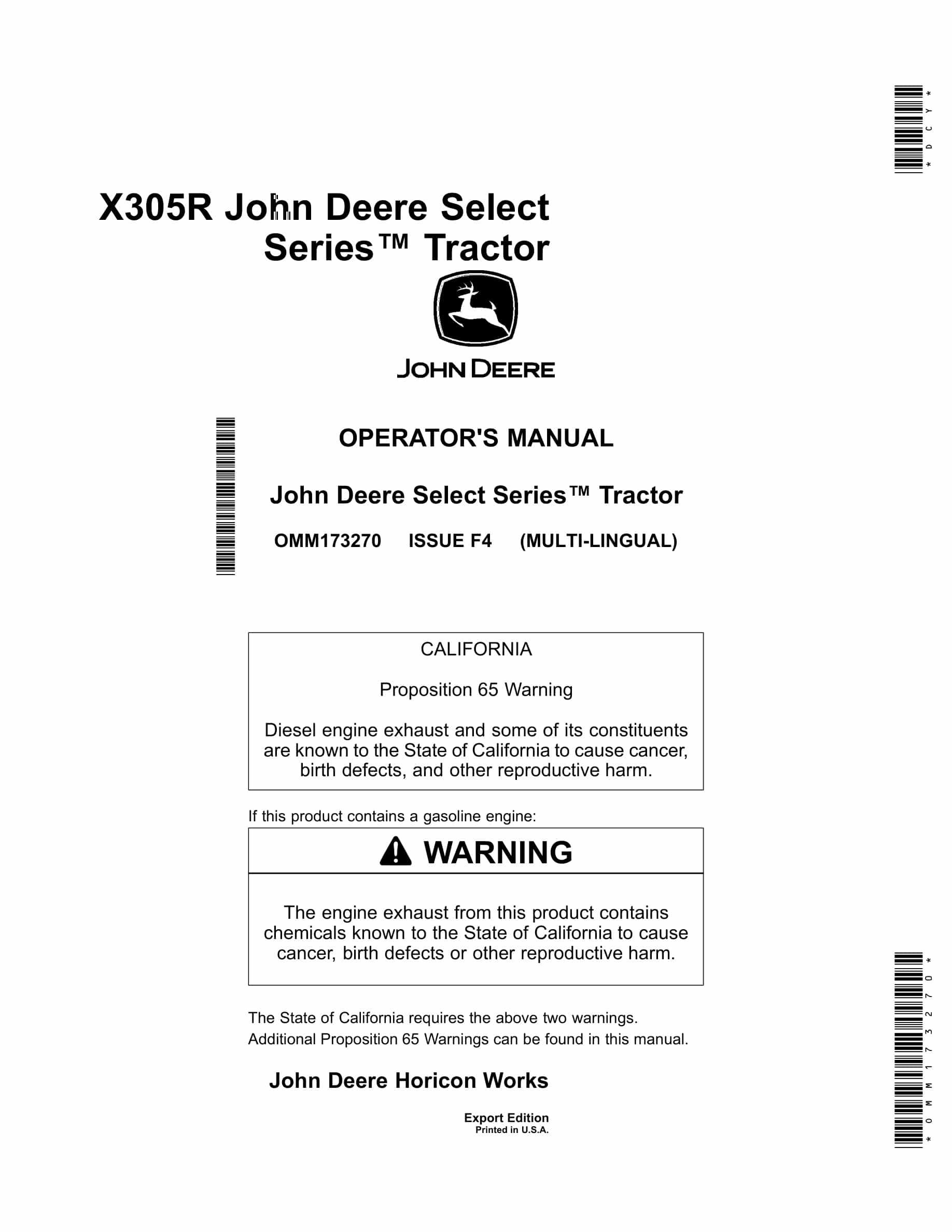 John Deere X305r Tractors Operator Manuals OMM173270-1