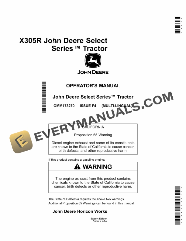 John Deere X305r Tractors Operator Manuals OMM173270