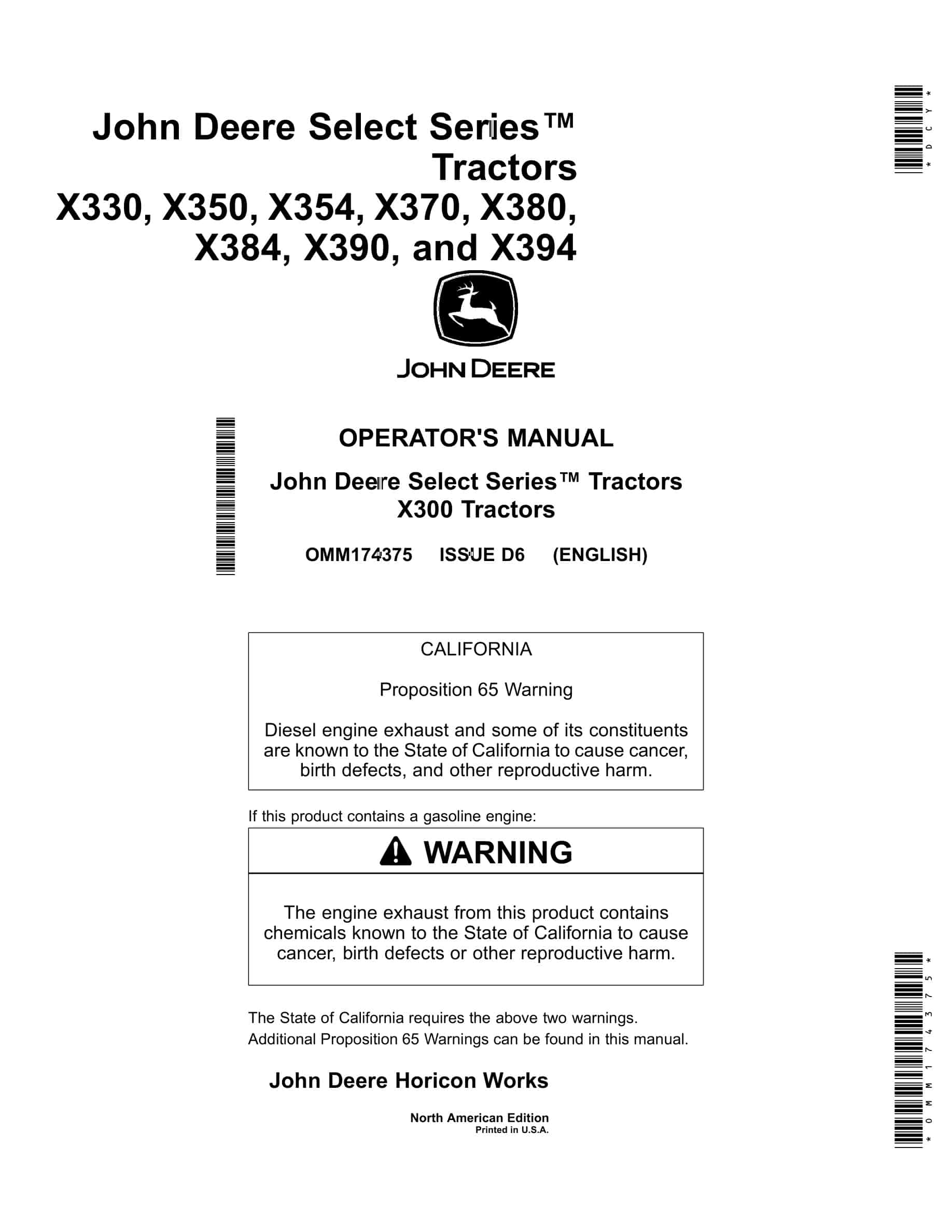 John Deere X330, X350, X354, X370, X380, X384, X390, and X394 Tractor Operator Manual OMM174375-1