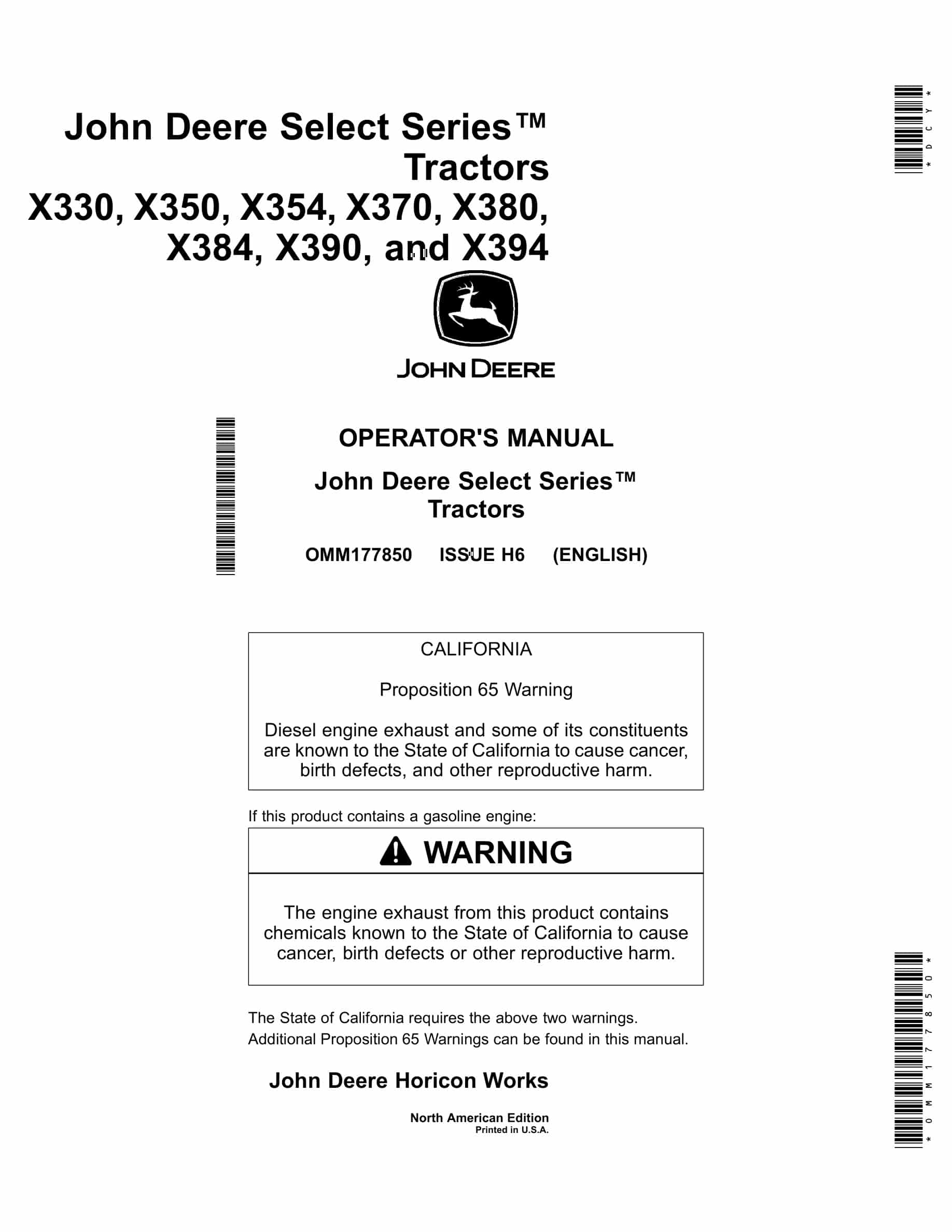 John Deere X330, X350, X354, X370, X380, X384, X390, and X394 Tractor Operator Manual OMM177850-1