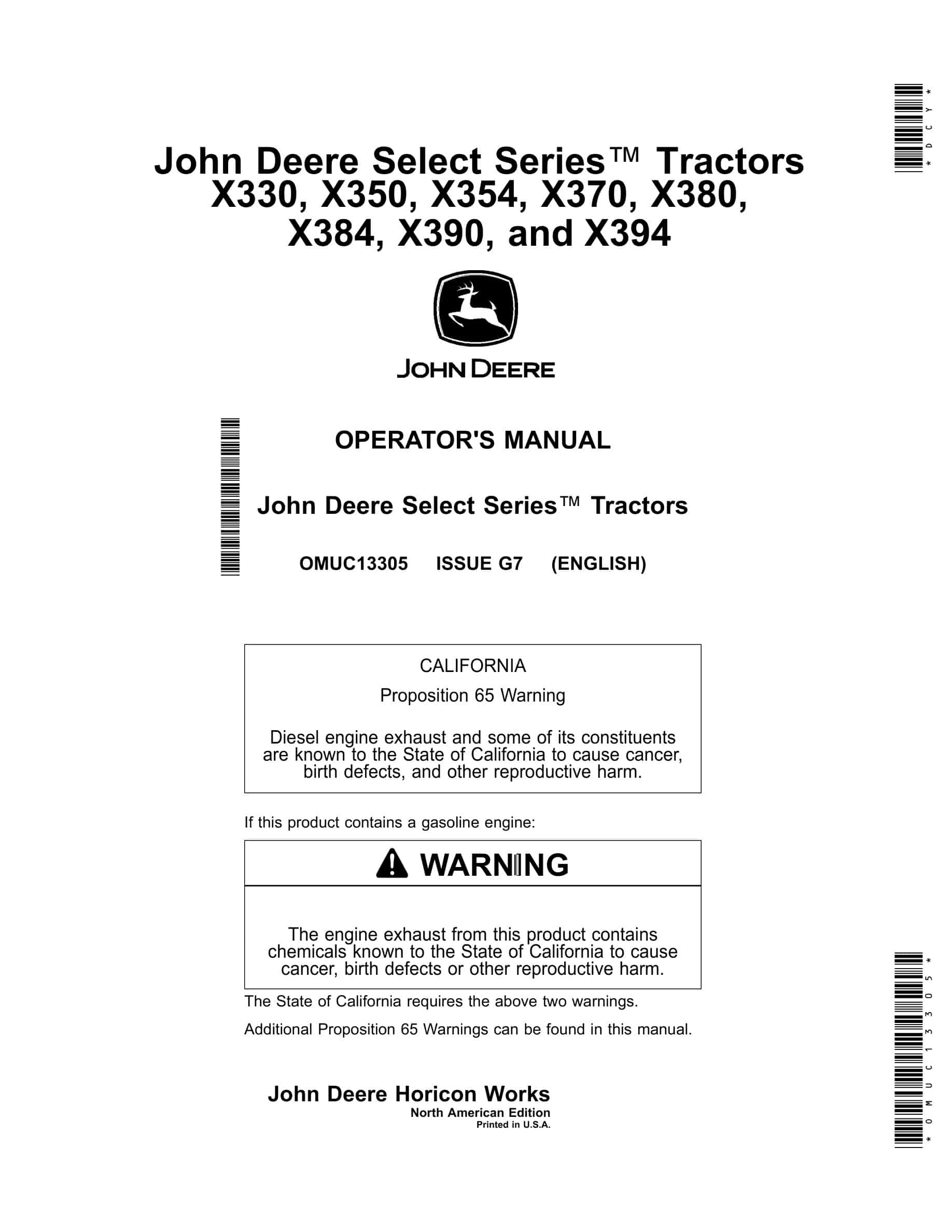 John Deere X330, X350, X354, X370, X380, X384, X390, and X394 Tractor Operator Manual OMUC13305-1