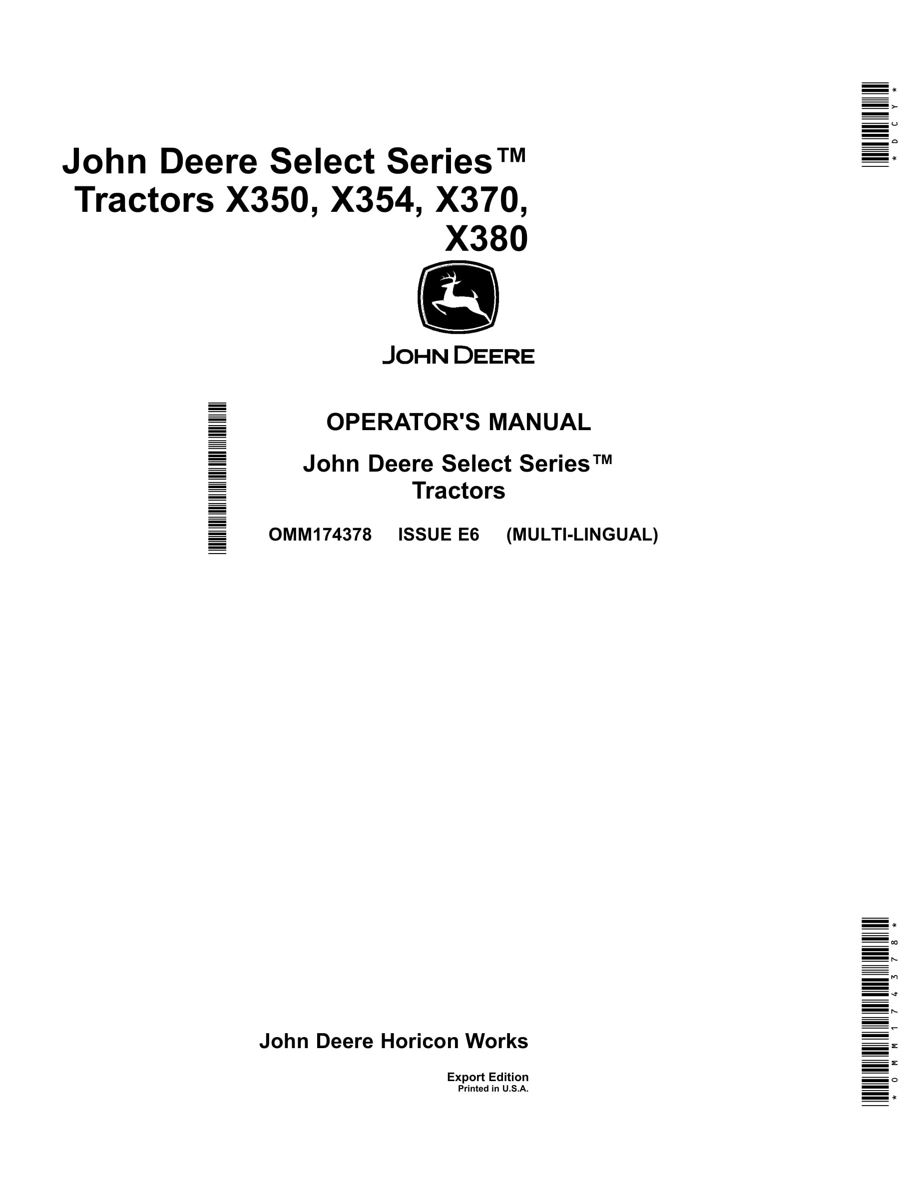 John Deere X350, X354, X370, X380 Tractors Operator Manuals OMM174378-1