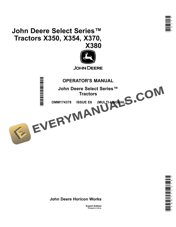 John Deere X350, X354, X370, X380 Tractors Operator Manuals OMM174378