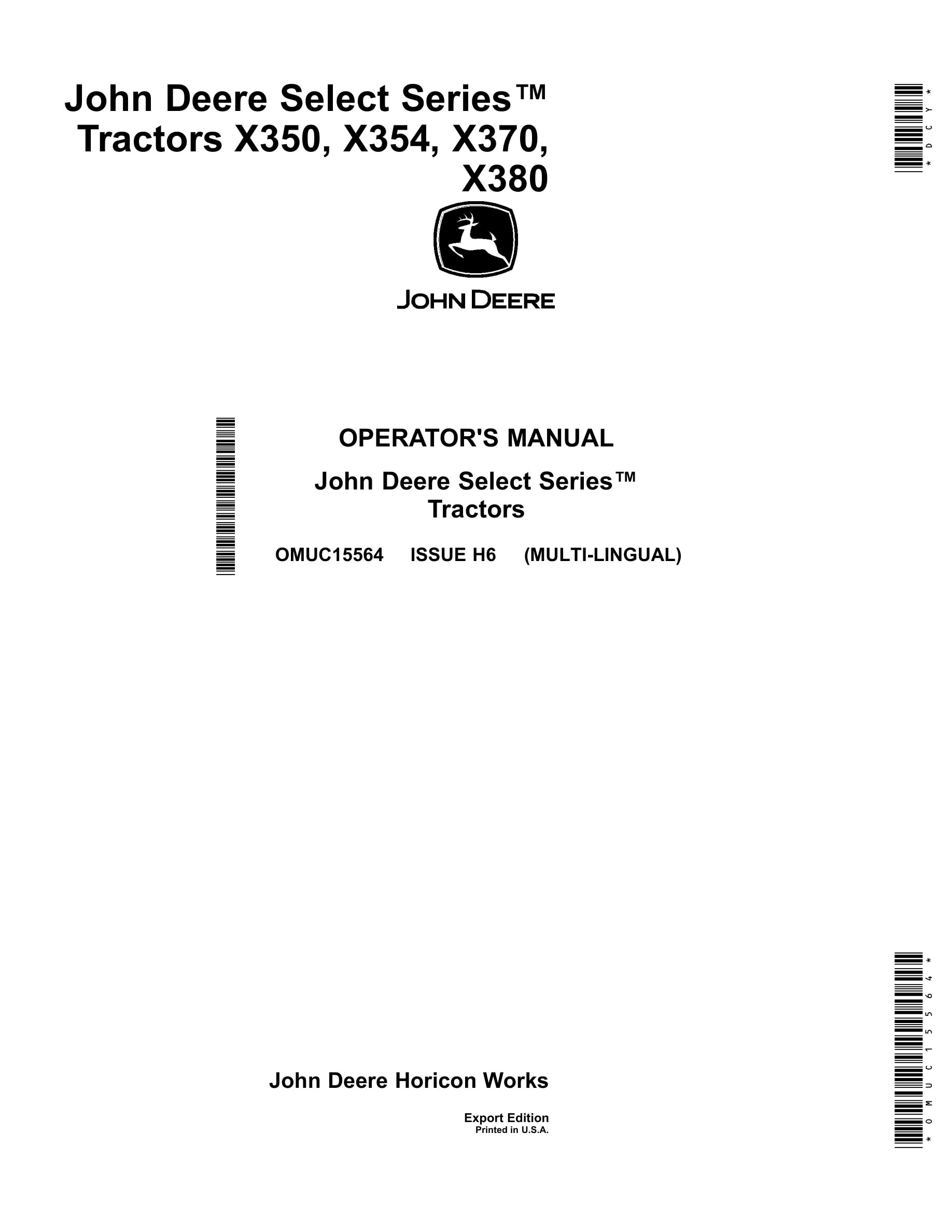 John Deere X350, X354, X370, X380 Tractors Operator Manuals OMUC15564-1