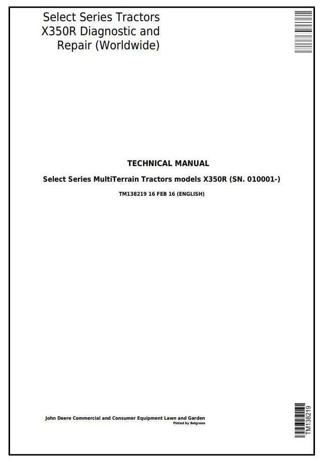 John Deere X350R Select Series Riding Lawn Tractor Technical Service Manual TM138219