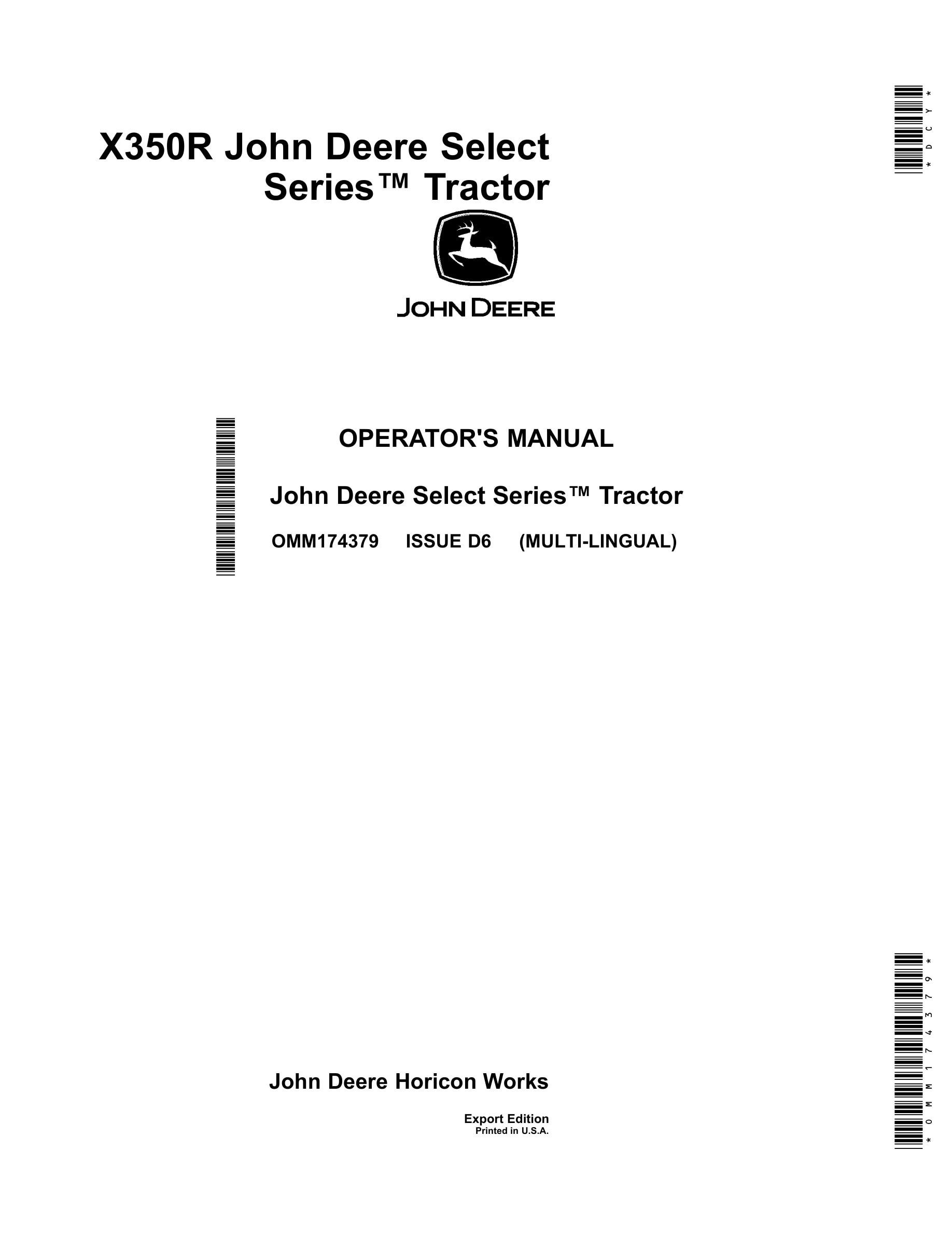 John Deere X350r Select Series Tractors Operator Manual OMM174379-1
