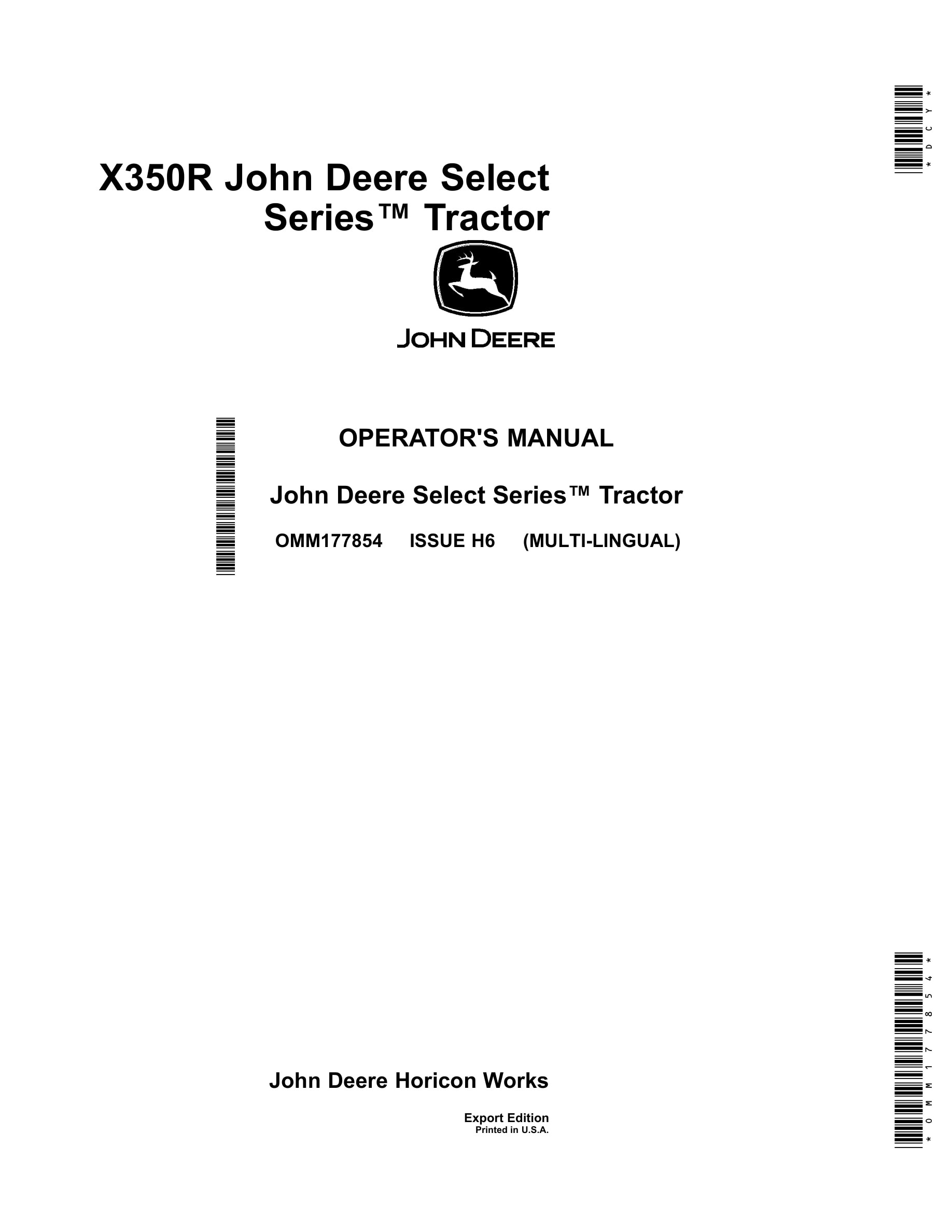 John Deere X350r Select Series Tractors Operator Manual OMM177854-1