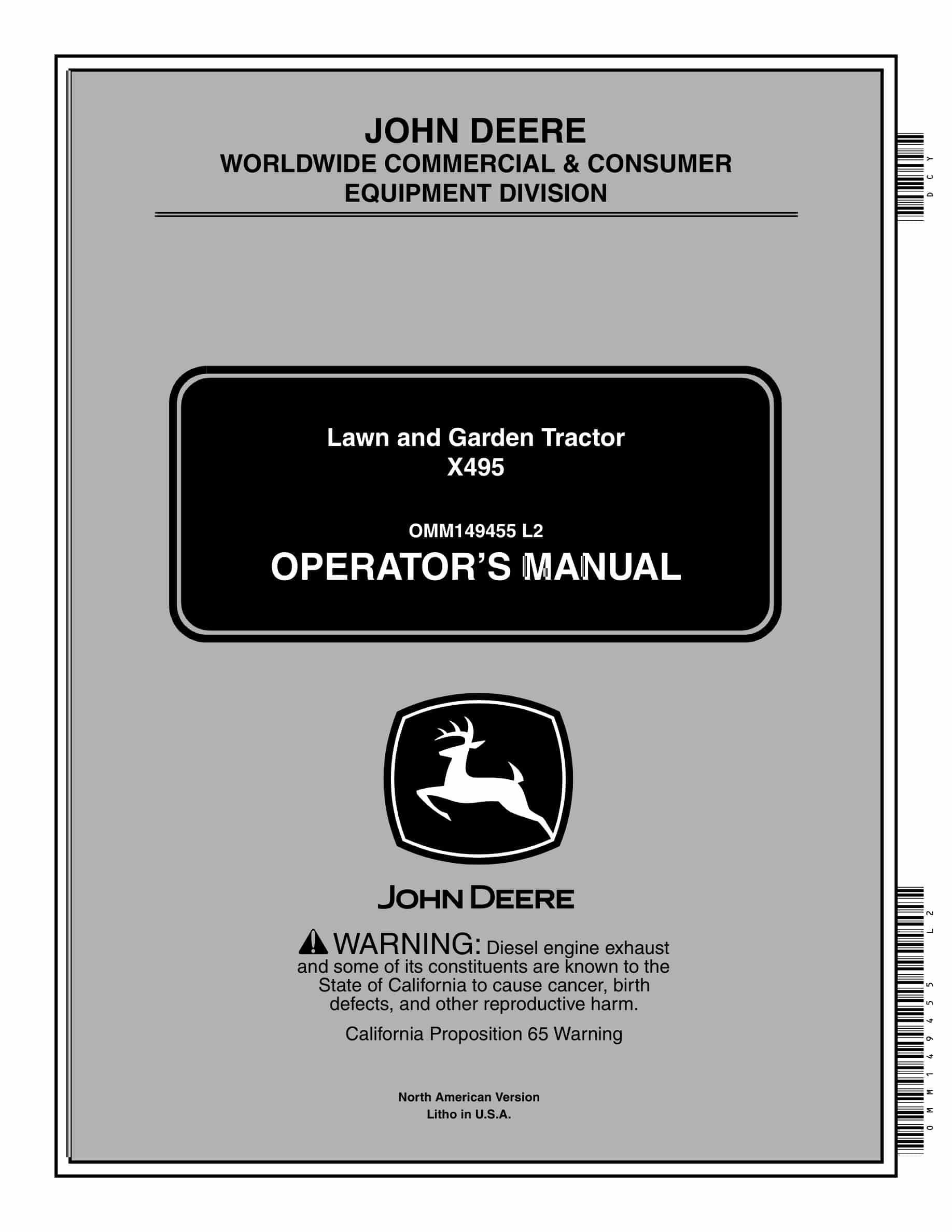 John Deere X495 Tractor Operator Manual OMM149455-1